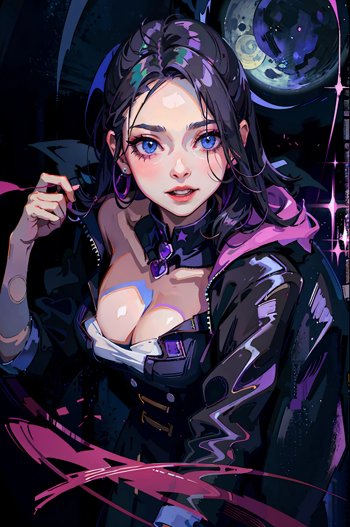 Detailed illustration of an urban witch, black, blue and magenta clothes, moonlight illuminating the big city around her, subtle lights, glitches