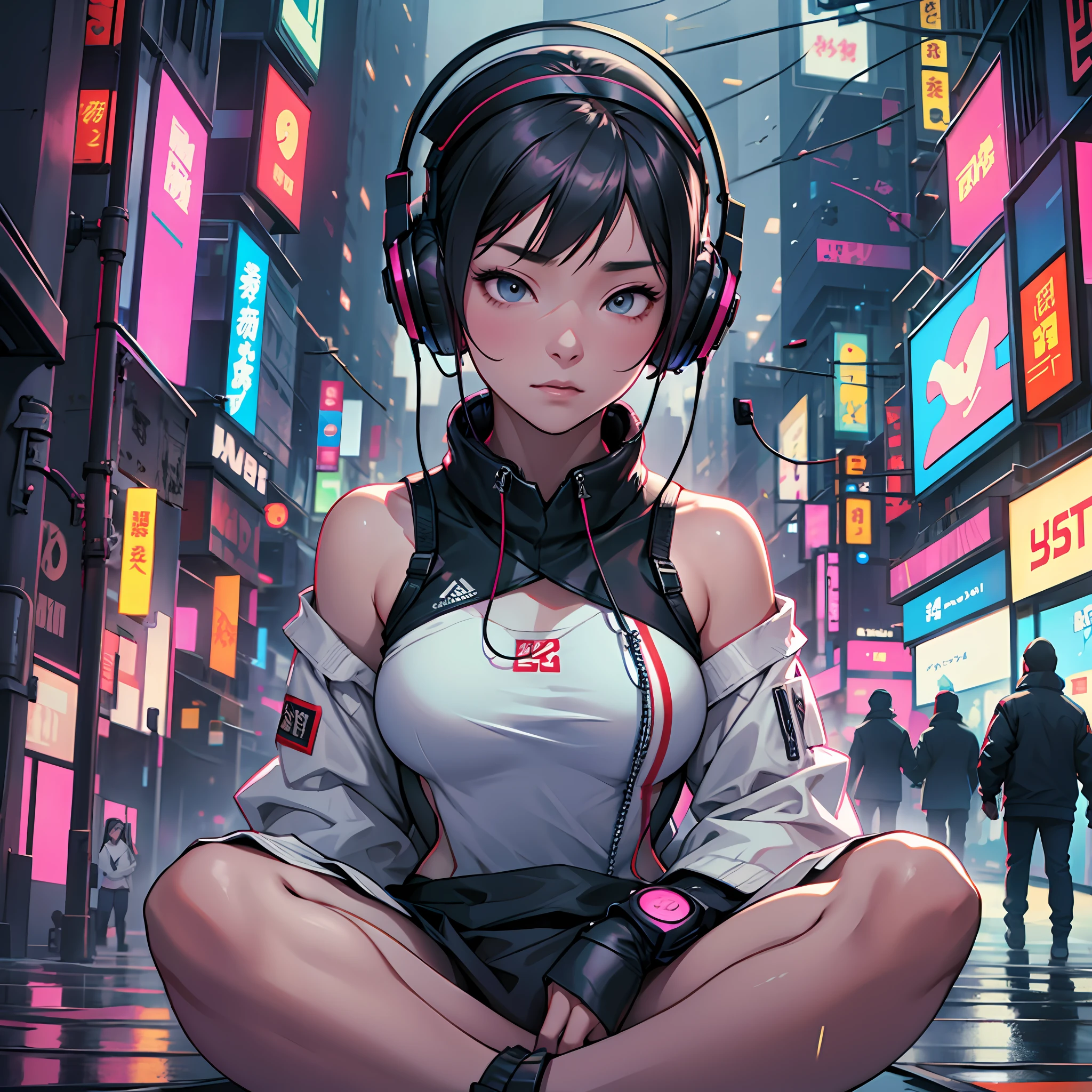 Girl meditating on the streets of New York, light rain, headphones, Buddhist clothing, Cyberpunk --auto --s2