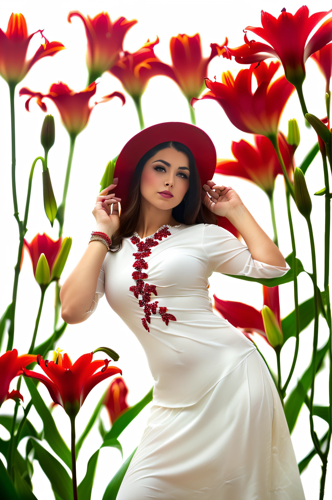 A woman in a red dress poses against a background of white lilies and flowers, bright colors, good quality