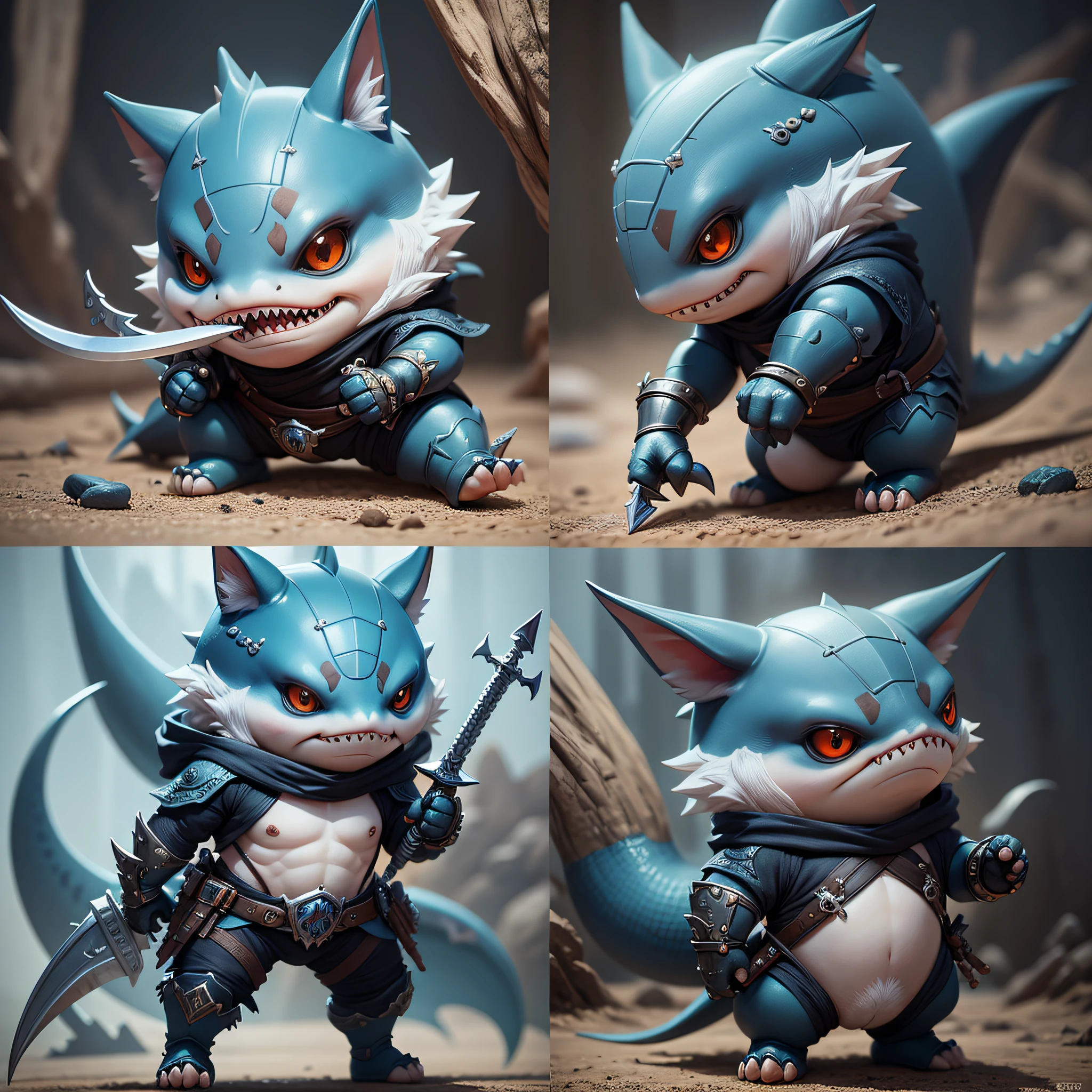 Masterpiece of cute creatures, very detailed, ninja shark, holding a sword, close-up, 8k, full body, Unreal Engine, fantasy creatures, --auto --v 6 --s2