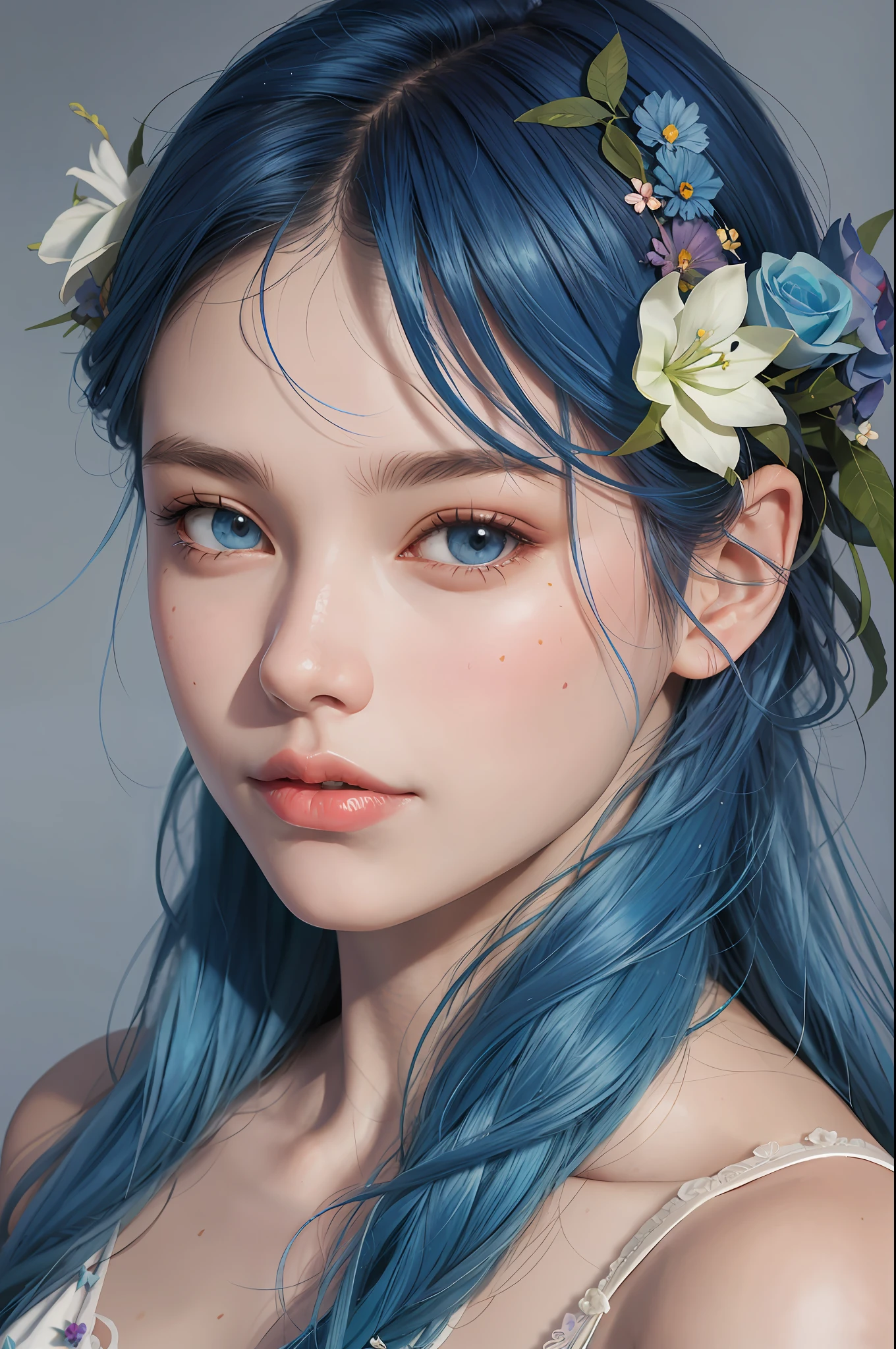 A woman with blue hair and flowers in her hair, beautiful fantastic art portrait, realistic portrait of a fairy, beautiful fantastic portrait