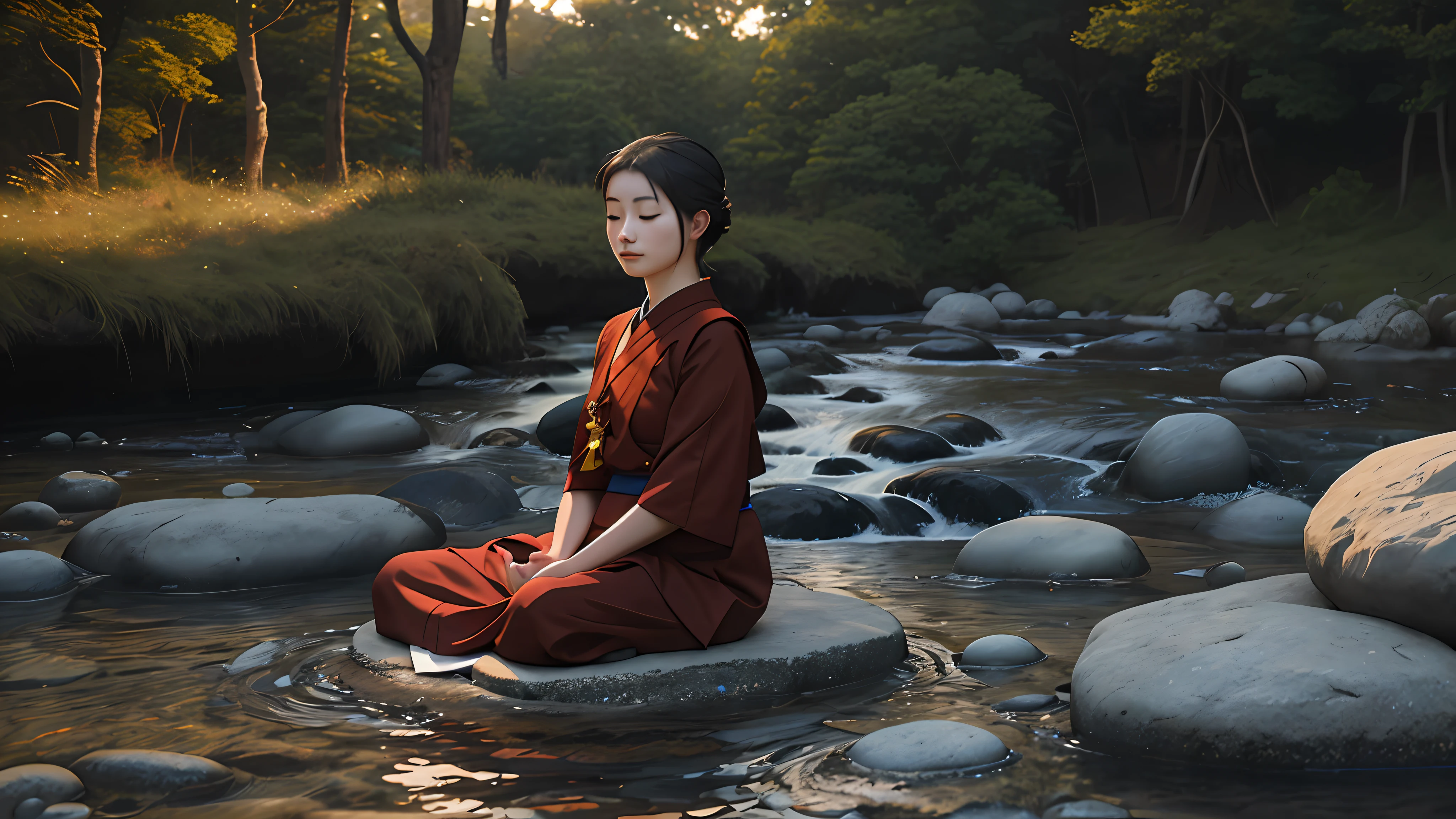 1 Beautiful Buddhist Monk, Meditating sitting, on the edge of a river full of stones, at sunset, ultra realistic photo, perfect face details, good skin texture, perfect shadows and light, award winning photo, perfect face, profile picture, no effects, realistic, natural, award-winning photo