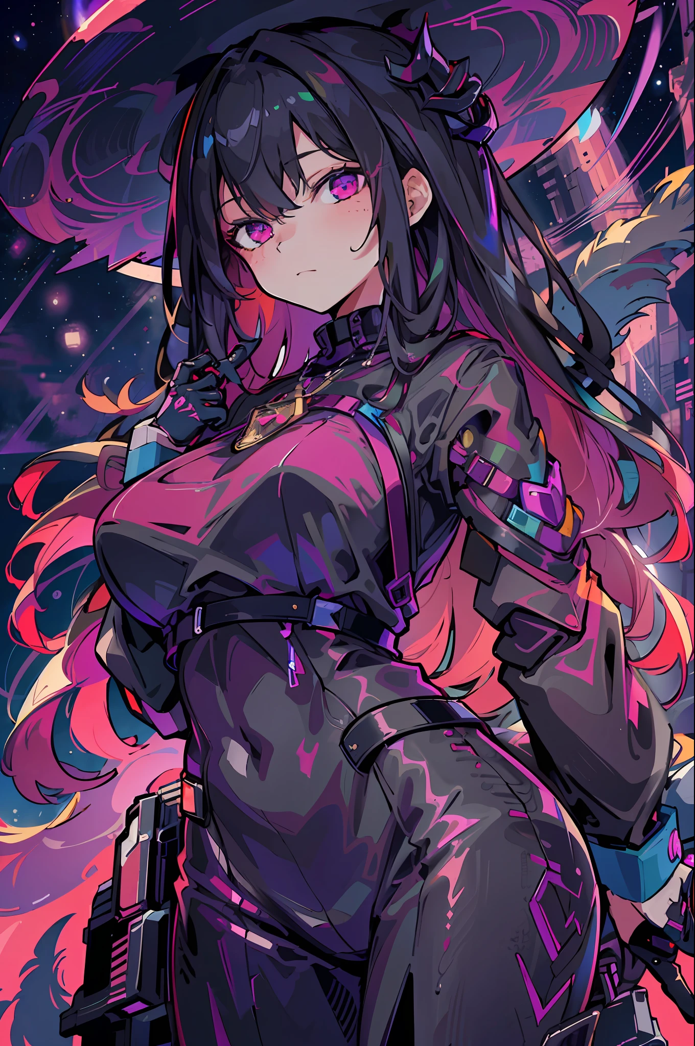 "((masterpiece)), better quality, ultra-detailed details, realistic high-definition illustration, majestic depiction of an urban witch, with black clothes and magenta, moonlight reflected on her body, in the starry night, subtle lights illuminating the big city around him."