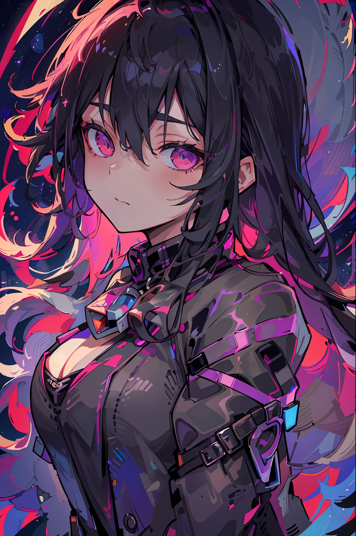 "((masterpiece)), better quality, ultra-detailed details, realistic high-definition illustration, majestic depiction of an urban witch, with black clothes and magenta, moonlight reflected on her body, in the starry night, subtle lights illuminating the big city around him."