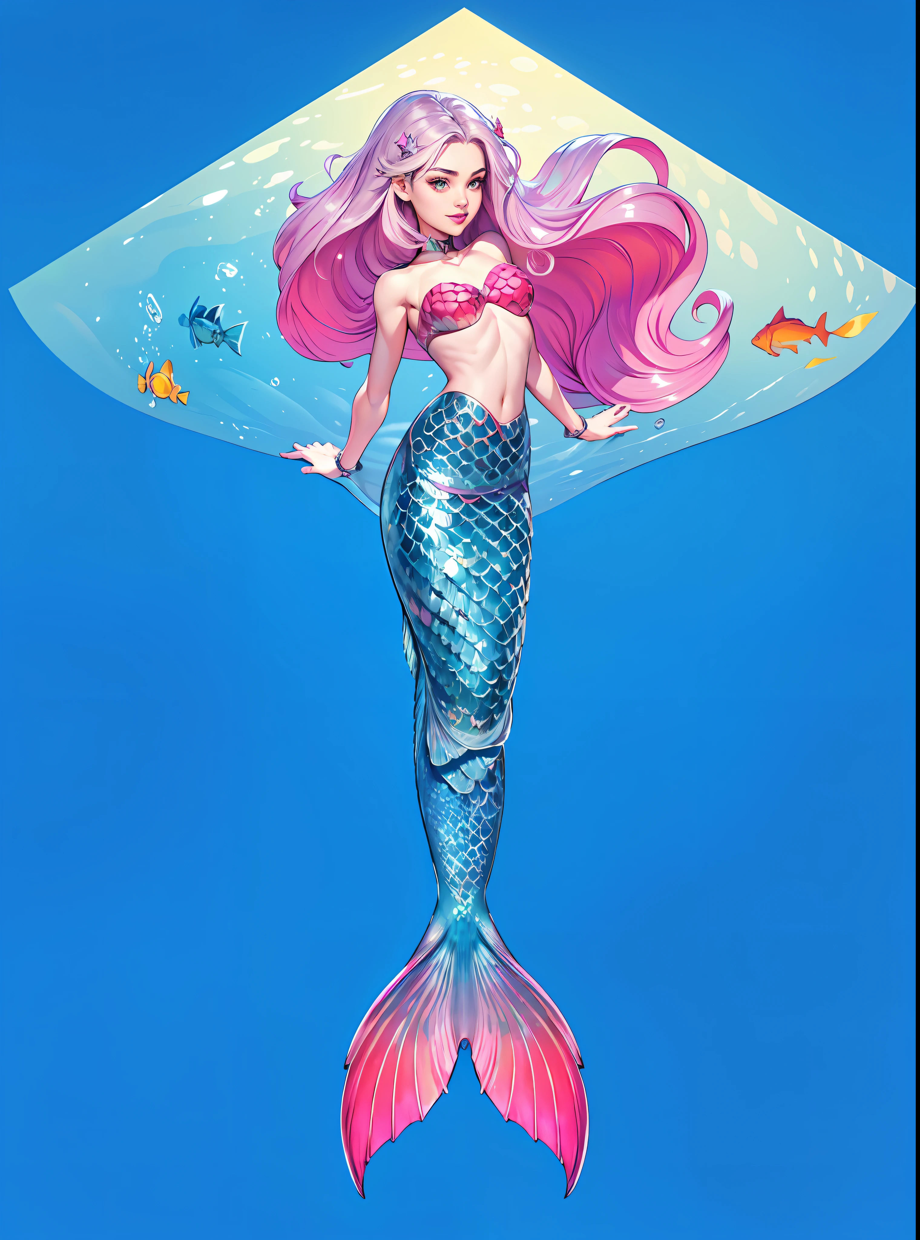 (Comic book style), (Color Line Art: 1.5), (Best Quality), ((Masterpiece)), (detail: 1.4), Beautiful female figure, HDR (High Dynamic Range), (((Mermaid, fish tail, shiny fish scales)))), (Hair Glowing), Ray Tracing, NVIDIA RTX, Super-Resolution, Unreal 5, Subsurface scattering, PBR Texturing, Post-processing, Anisotropic Filtering, Depth-of-field, Maximum clarity and sharpness, Multi-layered textures, Albedo and Specular maps, Surface shading, accurate light-material interaction simulation, perfect proportions, Octane Render, two-color light, large aperture, low ISO, white balance, rule of thirds, 8K RAW, (realistic: 1.3), (slender body), (Q version of children's face, big eyes, sweet smile), (((slender arms, feminine arms, medium breasts, perfect body proportions))), (young cute beautiful 16 year old girl: 1.1), beautiful girl, beautiful face, pretty, girl face, kpop idol, supermodel, stunning innocent symmetrical face, (Guido Daniel's hands), perfect body, medium breasts, slender waist, slim legs, goddess (((children: 1.5))), asian girl, cute, cute, thin arms