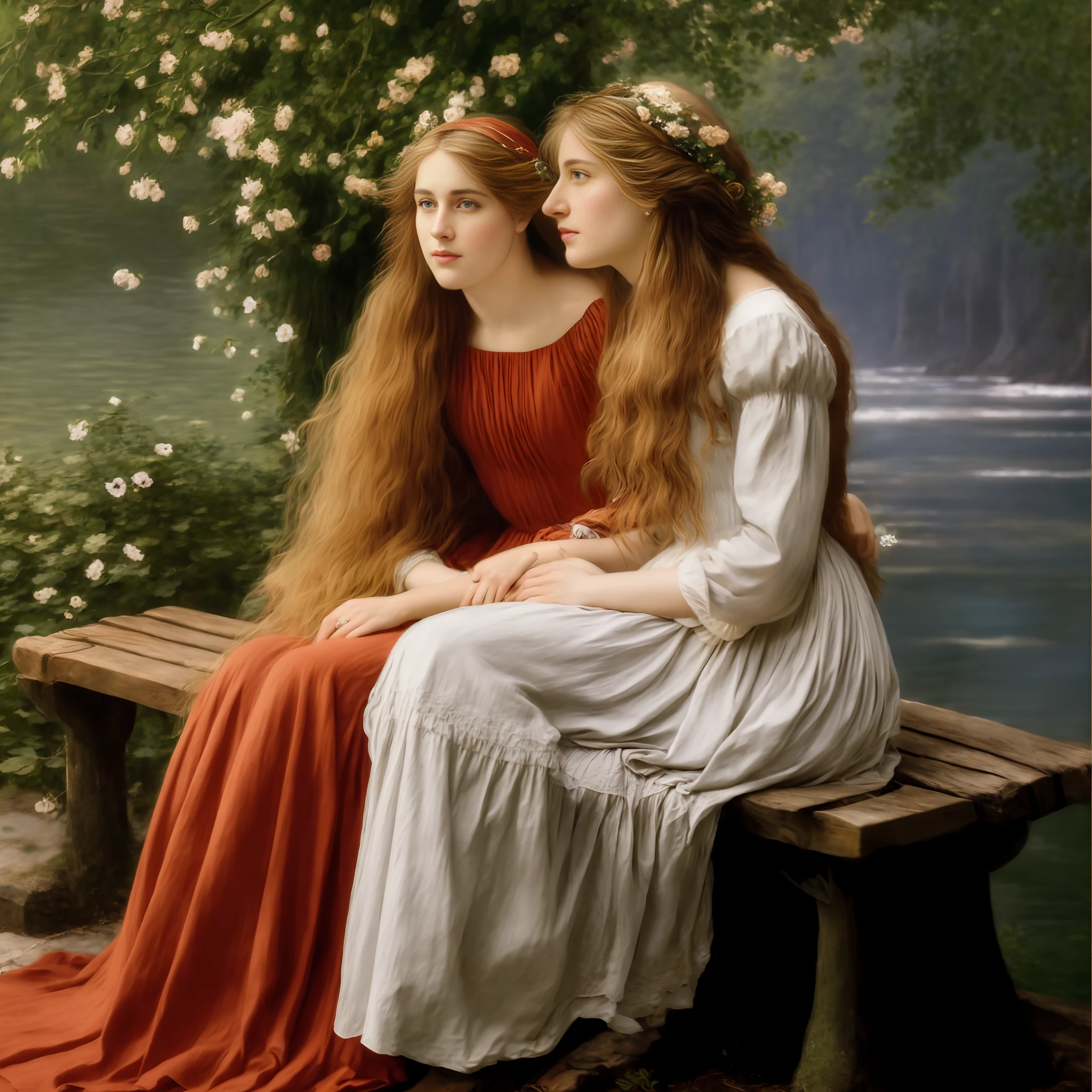 there are two women sitting on a bench near a body of water, magali villeneuve and monet, pre - raphaelites style, pre - raphaelite beautiful, pre-raphaelite oil painting, pre-raphaelite style, pre - raphaelite style, inspired by Edmund Leighton, pre-raphaelite painting, pre - raphaelite painting, preraphaelite style