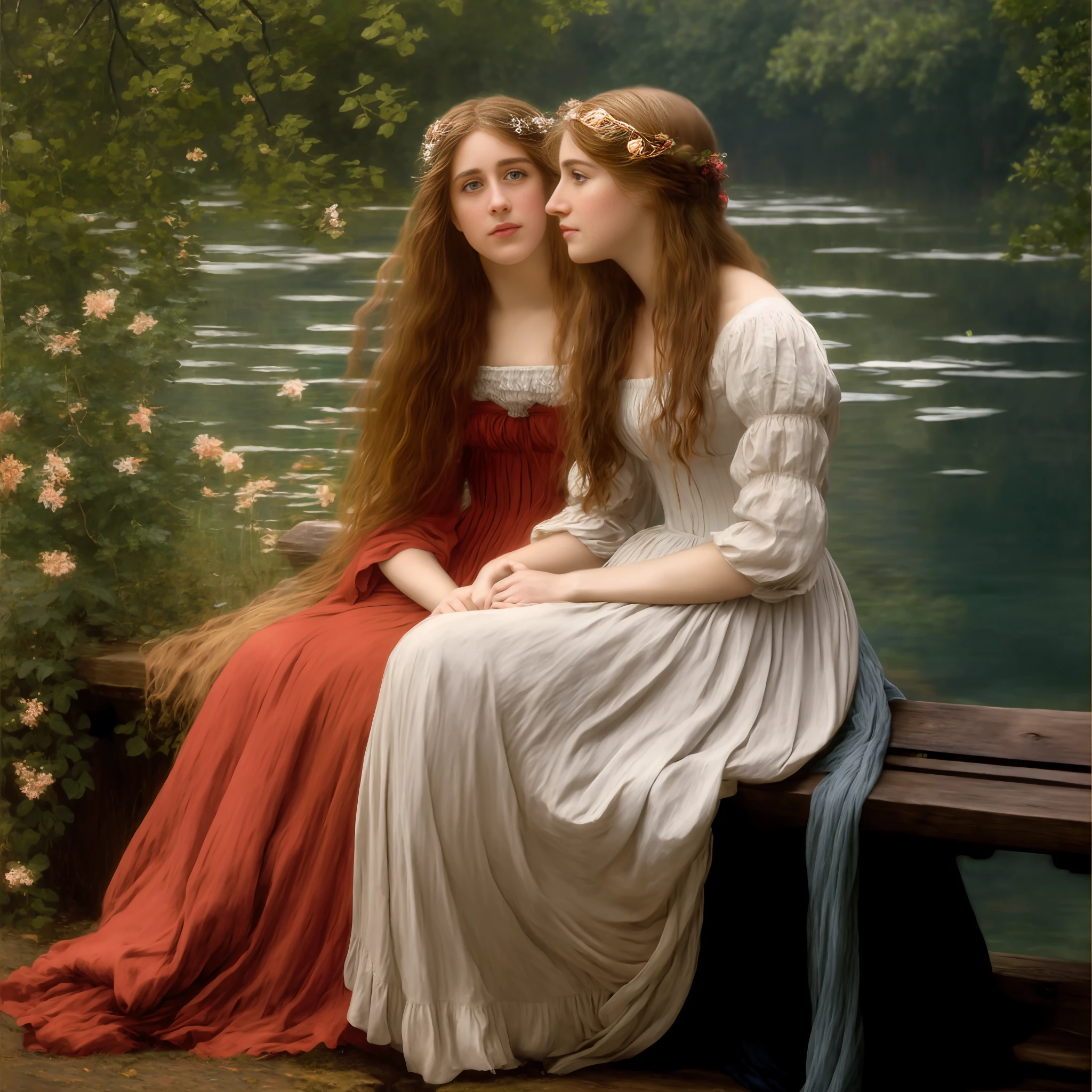 there are two women sitting on a bench near a body of water, magali villeneuve and monet, pre - raphaelites style, pre - raphaelite beautiful, pre-raphaelite oil painting, pre-raphaelite style, pre - raphaelite style, inspired by Edmund Leighton, pre-raphaelite painting, pre - raphaelite painting, preraphaelite style