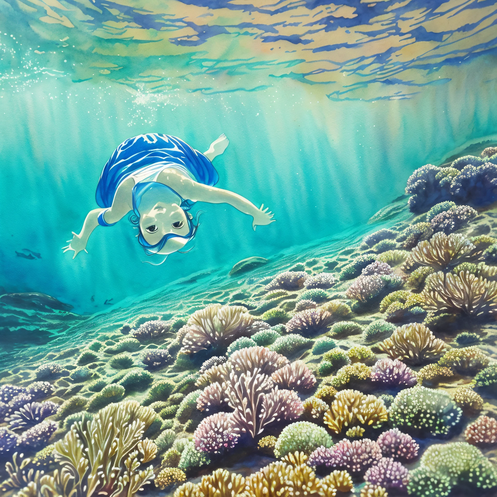 Children's watercolor painting style, underwater looking up, turbid, silt, a little light --auto --s2