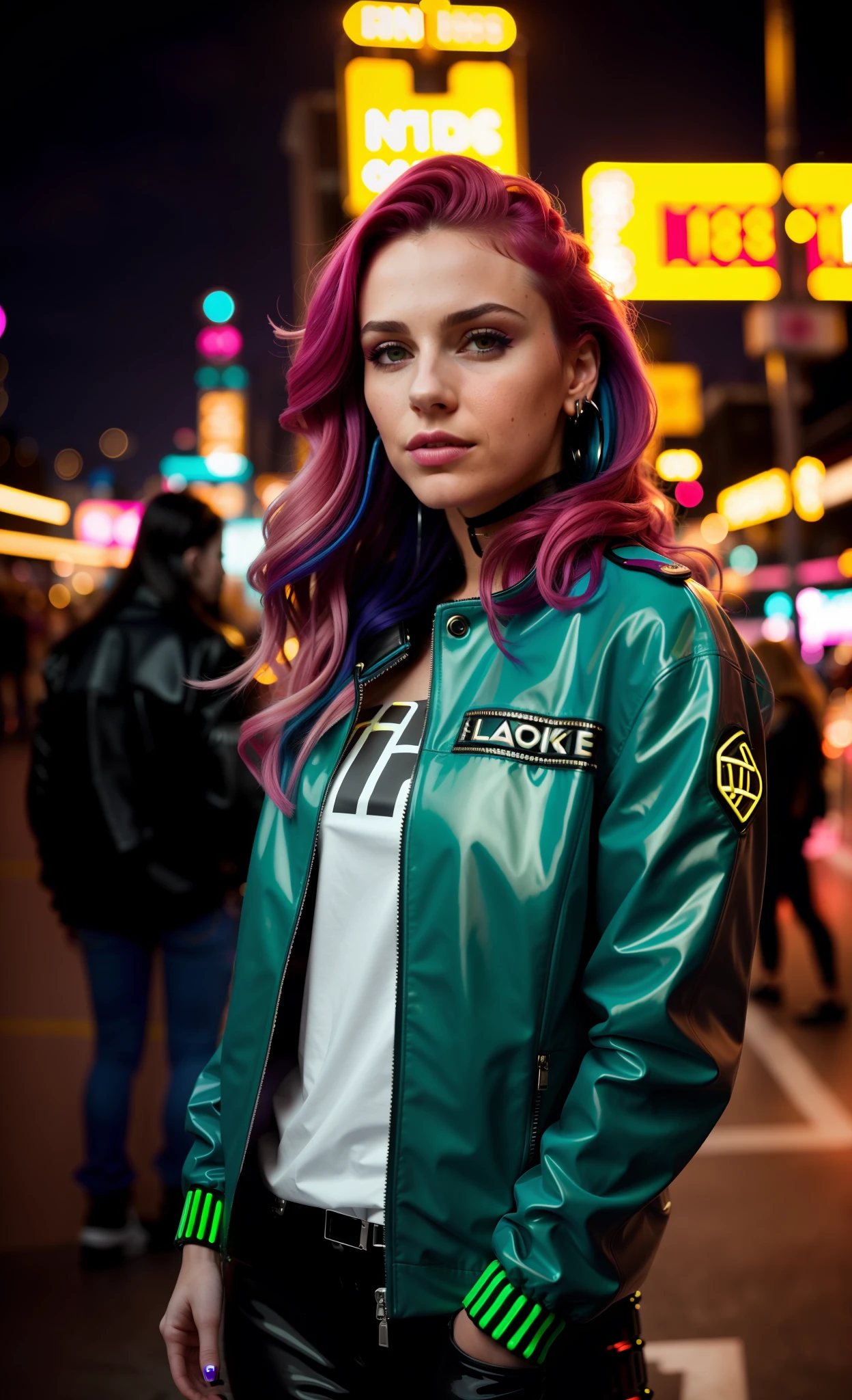 close-up portrait of a beautiful young woman, (cyberpunk clothes) (ErinNobodySD15), Large breasts, pressed lips (seriously: 1.2) appearance (bright side light rim light: 1.2) deep dark shadows dramatic camera angle high-contrast color gradation (masterpiece: 1.2) (photorealistic: 1.2) (bokeh:1.2) (best quality) (detailed skin:1.3) (complex details) (8k) (HDR) (cinematic lighting) (sharp focus), large multicolored hair loose and wavy, neon lights in the background, pink latex clothing,
