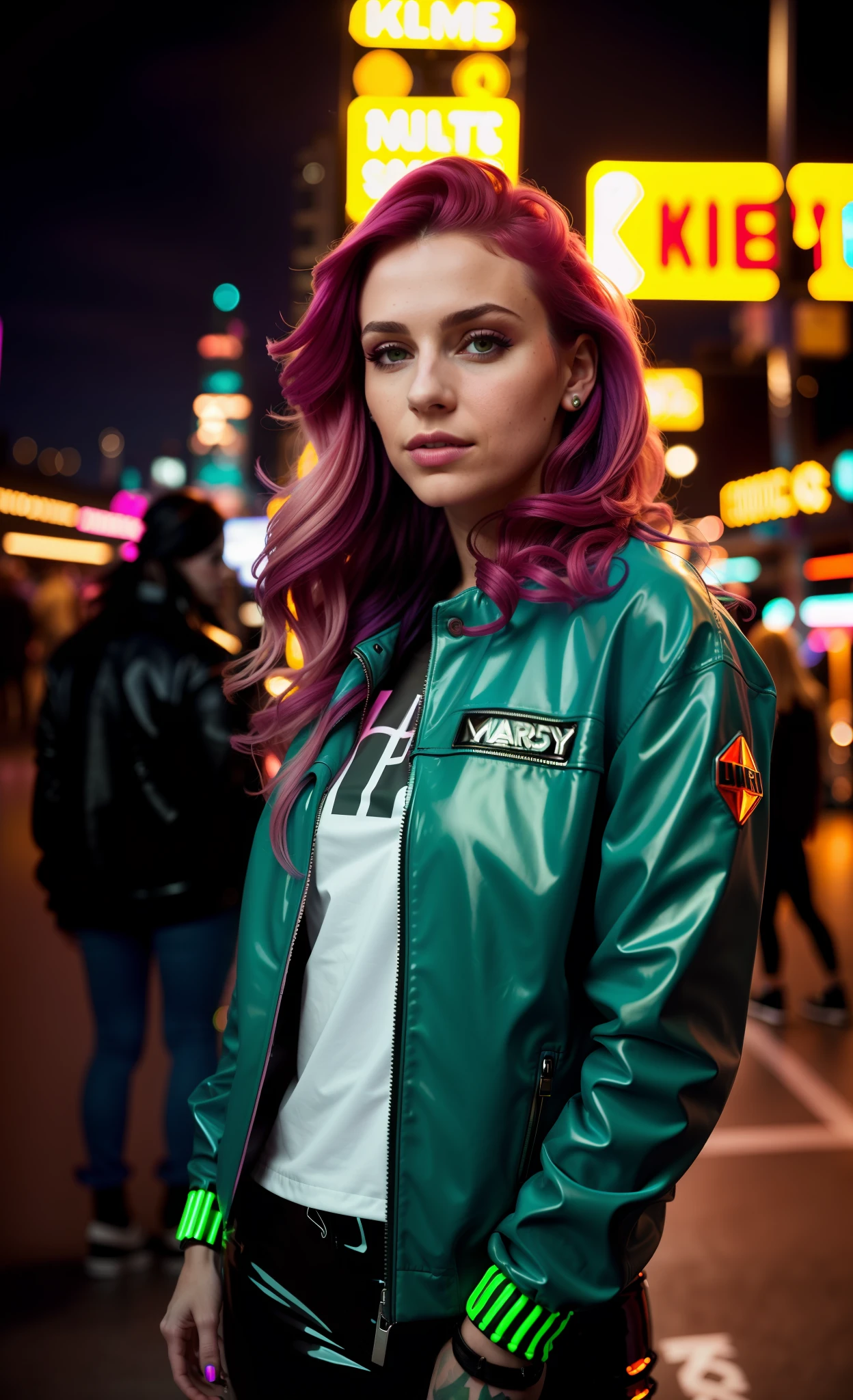close-up portrait of a beautiful young woman, (cyberpunk clothes) (ErinNobodySD15), Large breasts, pressed lips (seriously: 1.2) appearance (bright side light rim light: 1.2) deep dark shadows dramatic camera angle high-contrast color gradation (masterpiece: 1.2) (photorealistic: 1.2) (bokeh:1.2) (best quality) (detailed skin:1.3) (complex details) (8k) (HDR) (cinematic lighting) (sharp focus), large multicolored hair loose and wavy, neon lights in the background, pink latex clothing,
