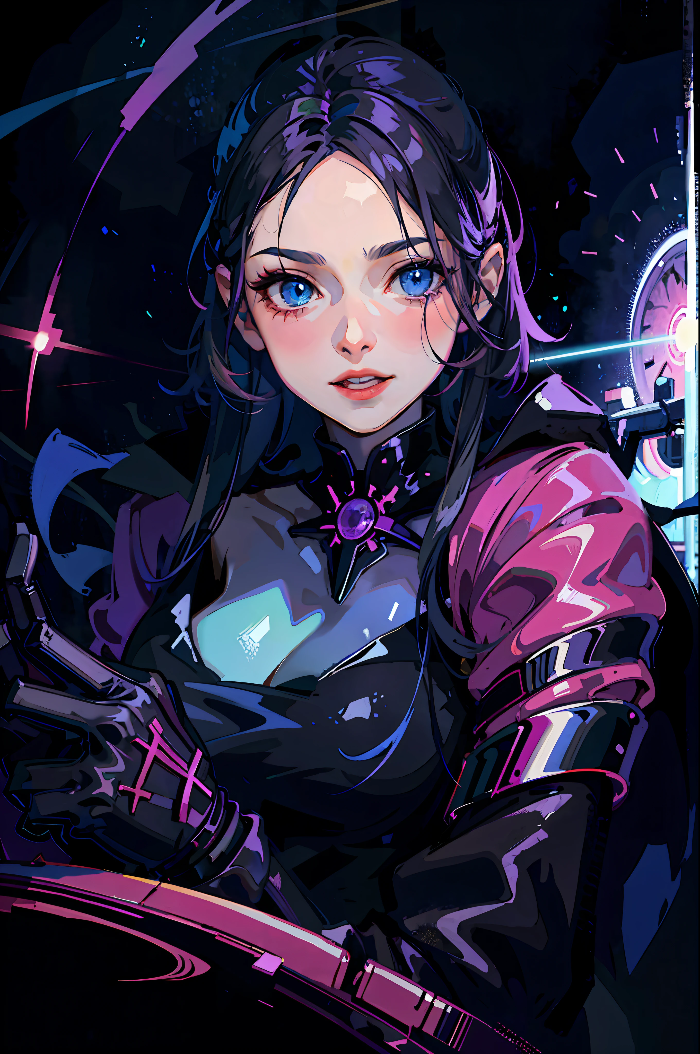 Detailed illustration of an urban witch, black, blue and magenta clothes, moonlight illuminating the big city around her, subtle lights, glitches