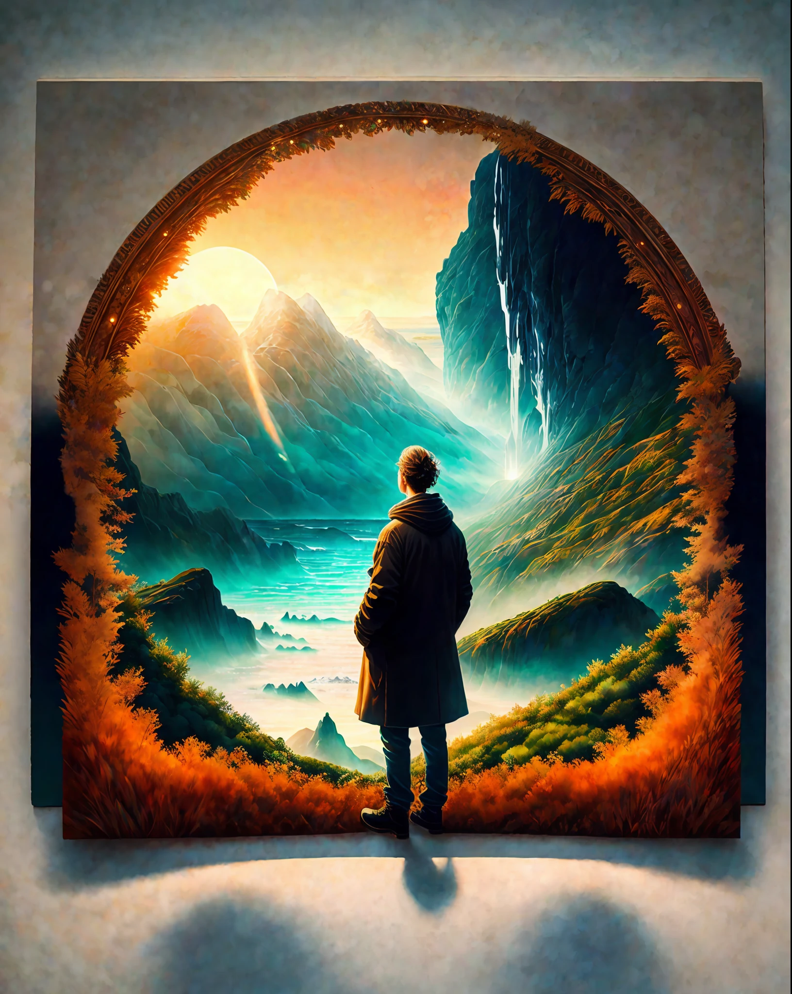 Craft a mesmerizing scene that deeply connects with the viewer, evoking a range of emotions and leaving an indelible impact without relying on words. Use a vibrant and contrasting color palette to intensify the visual impact. Depict a solitary figure standing at the edge of a breathtaking cliff, overlooking a vast and awe-inspiring landscape. Let the figure's posture and facial expression convey a mixture of awe, contemplation, and a hint of melancholy. Surround the scene with elements of nature, such as swirling clouds, distant mountains, or a cascading waterfall, to enhance the immersive experience. Infuse the atmosphere with a touch of magic or mystery, perhaps through subtle glowing orbs or ethereal light. Allow the composition and details of the scene to captivate the viewer and invite them on an emotional journey that lingers in their thoughts long after they've seen the artwork., intricate, masterpiece, expert, insanely detailed, 4k, composition, centered, intricate, volumetric lighting, beautiful, sharp focus, ultra detailed