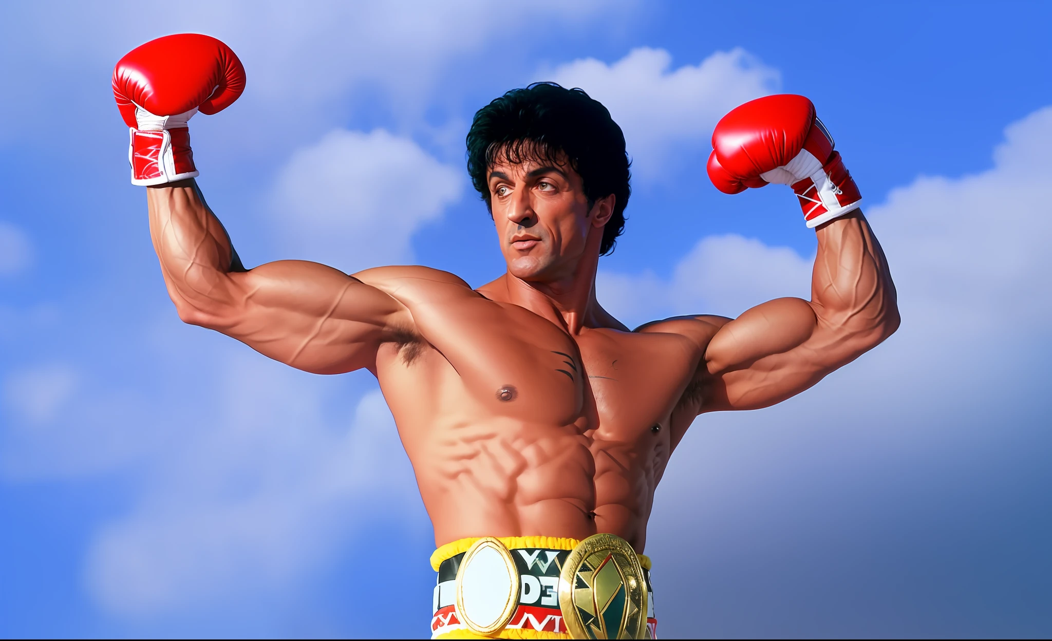 arafed man with boxing gloves on his head and arms raised, sylvester stallone, rocky foreground, classic iconic rambo pose, sylvester stallone as batman, macho pose, rambo, buff man, mork borg, inspired by Arnie Swekel, in a fighting pose, eddie del rio, musculated, rocky, fists in the air, large fists