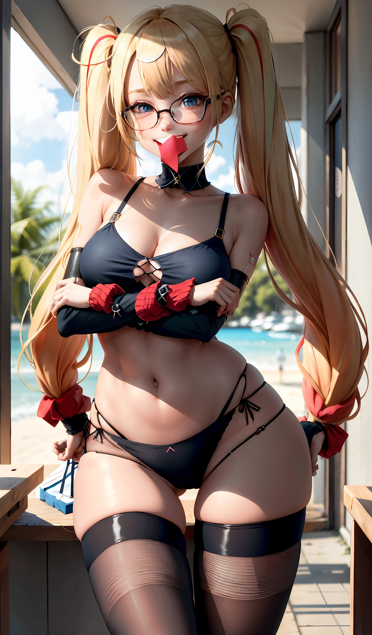 blonde girl, twintail hair, perfect hands, bikini, legwear, (see from_down_front: 1.5), panties: 2, cameltoe: 1.2, petite: 2, slim:, ass, black glasses, bare_shoulders, blush, breasts, neckline, detached_collar, red_fishnet_legwear, fish nets, knit, long_hair, looking_at_viewer, red pantyhose, blue_eyes, smile, solo, spreading_legs, wrist_cuffs, Disgustingly_Adorable: 2, cute:  2, kawaii: 2