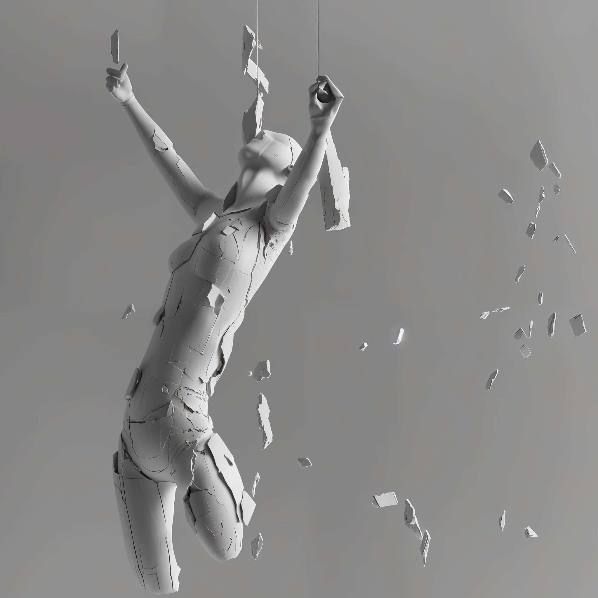 Nude plaster model (full body: 1.4), suspended in the air, (hit by two bullets at the same time), (one shot in the left neck, one shot in the upper waist). Shards of plaster are flying in the air due to explosion, grayscale image