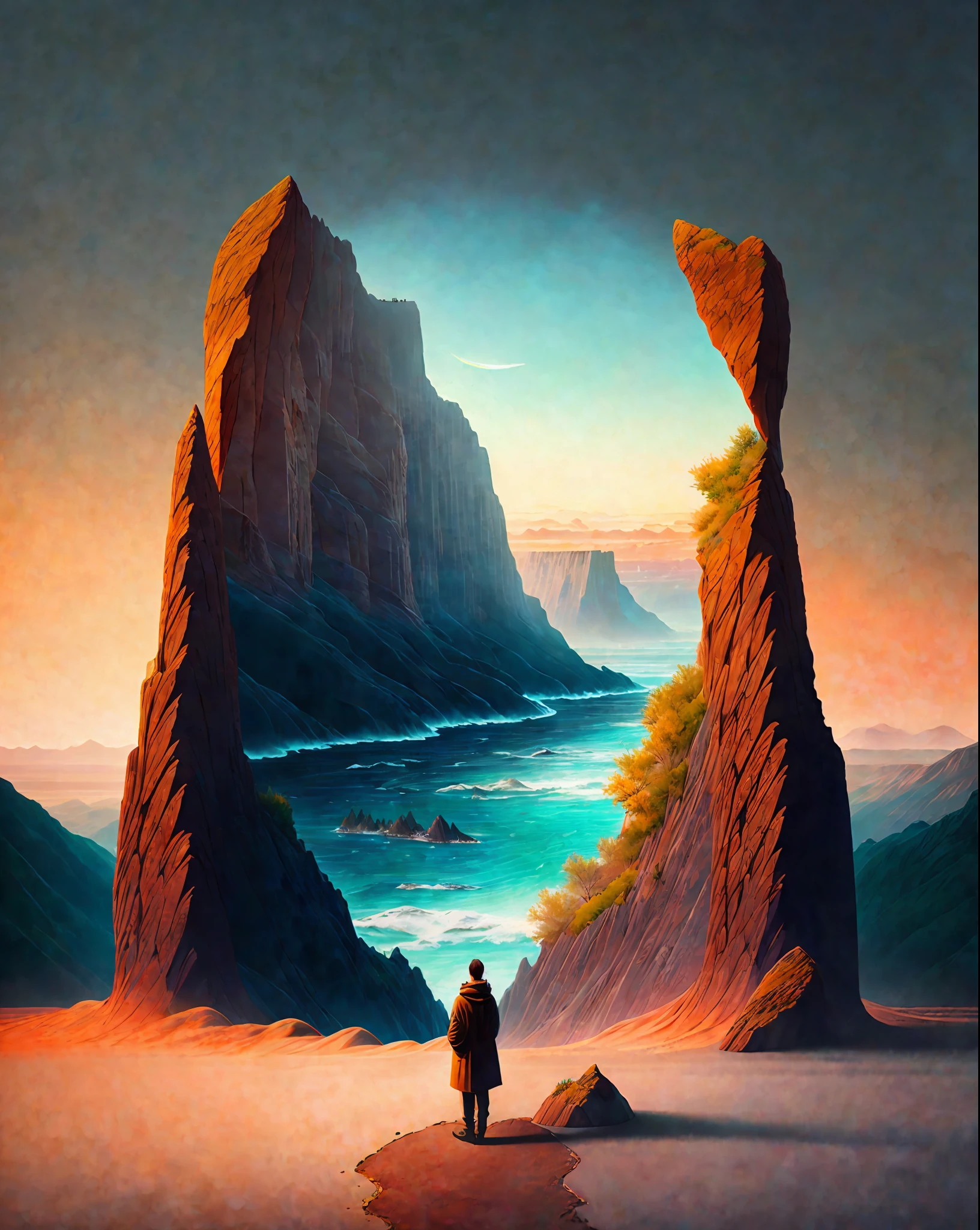 Craft a mesmerizing scene that deeply connects with the viewer, evoking a range of emotions and leaving an indelible impact without relying on words. Use a vibrant and contrasting color palette to intensify the visual impact. Depict a solitary figure standing at the edge of a breathtaking cliff, overlooking a vast and awe-inspiring landscape. Let the figure's posture and facial expression convey a mixture of awe, contemplation, and a hint of melancholy. Surround the scene with elements of nature, such as swirling clouds, distant mountains, or a cascading waterfall, to enhance the immersive experience. Infuse the atmosphere with a touch of magic or mystery, perhaps through subtle glowing orbs or ethereal light. Allow the composition and details of the scene to captivate the viewer and invite them on an emotional journey that lingers in their thoughts long after they've seen the artwork., intricate, masterpiece, expert, insanely detailed, 4k, composition, centered, intricate, volumetric lighting, beautiful, sharp focus, ultra detailed