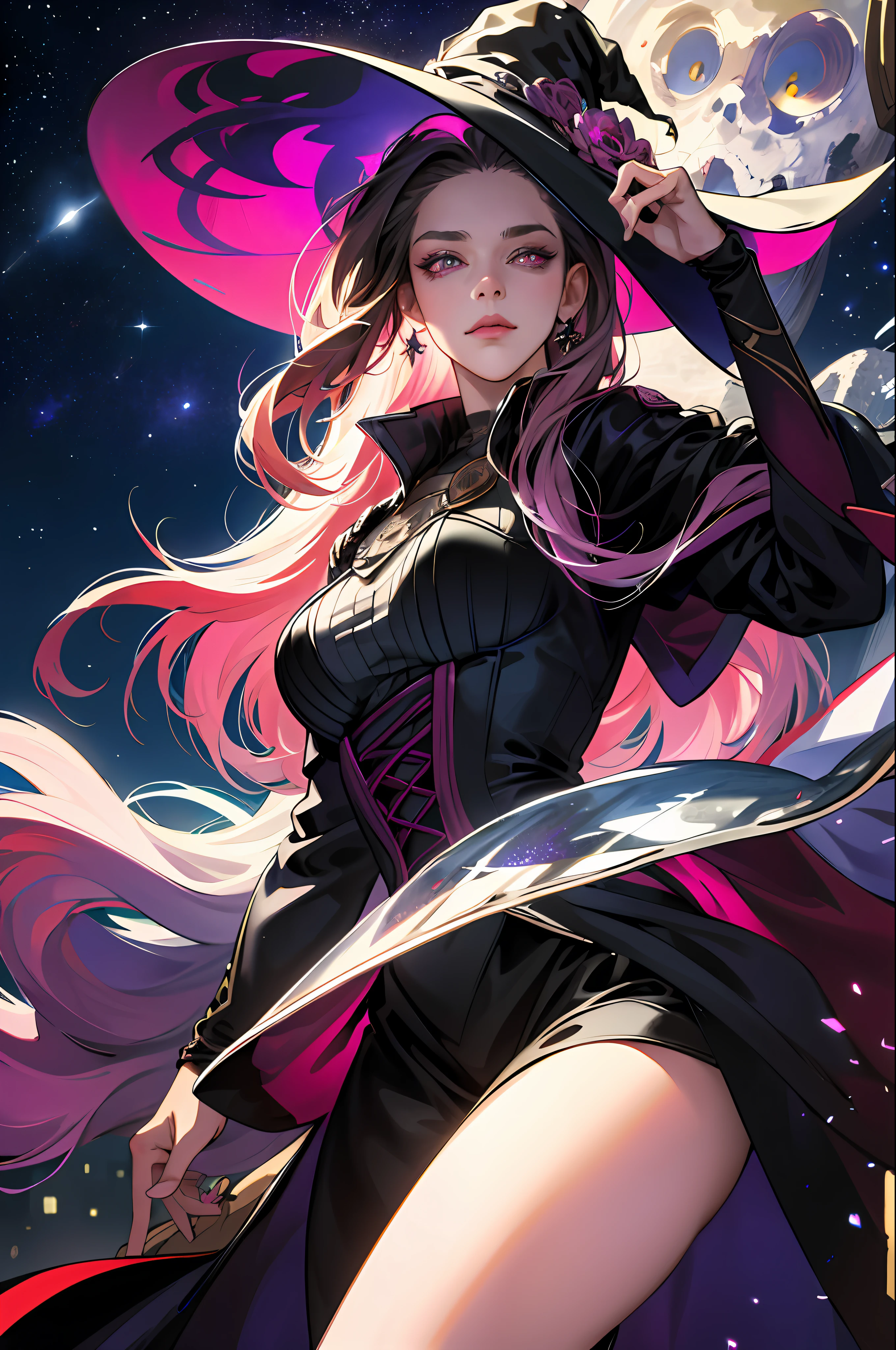 "((masterpiece)), better quality, ultra-detailed details, realistic high-definition illustration, majestic depiction of an urban witch, with black clothes and magenta, moonlight reflected on her body, in the starry night, subtle lights illuminating the big city around him."