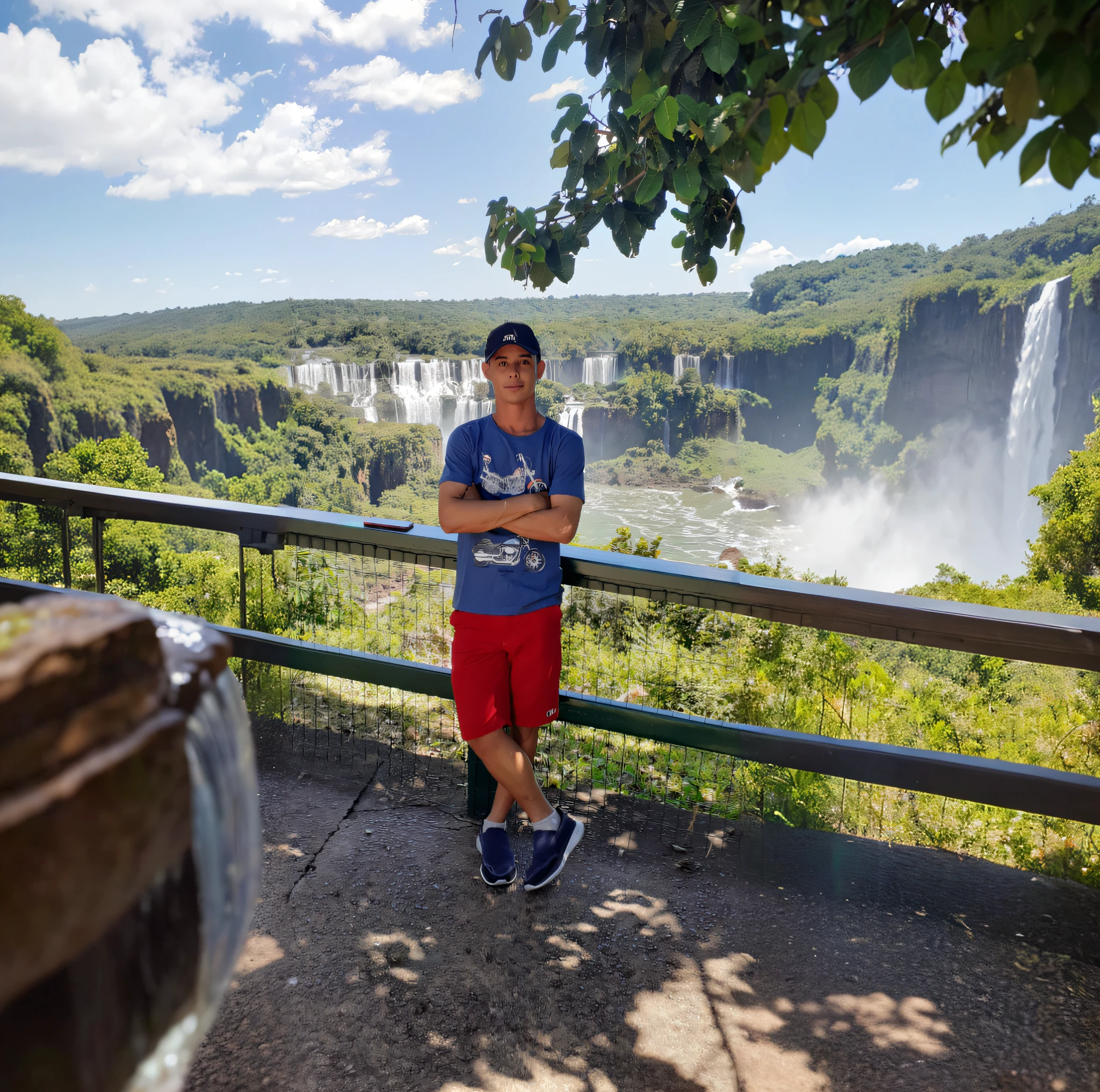 arafed man standing in front of a railing with a view of a waterfall, waterfalls in the background, caio santos, david rios ferreira, with waterfalls, waterfall in the background, avatar image, standing in front of a waterfall, with waterfalls and river, with a waterfalls, standing near a waterfall, lucas graziano, photo taken in 2 0 2 0