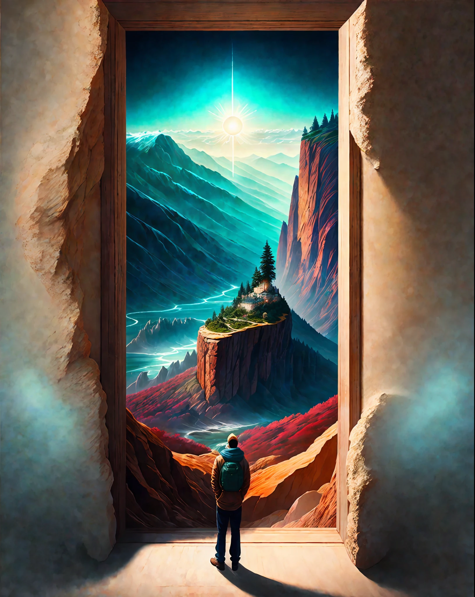 Craft a mesmerizing scene that deeply connects with the viewer, evoking a range of emotions and leaving an indelible impact without relying on words. Use a vibrant and contrasting color palette to intensify the visual impact. Depict a solitary figure standing at the edge of a breathtaking cliff, overlooking a vast and awe-inspiring landscape. Let the figure's posture and facial expression convey a mixture of awe, contemplation, and a hint of melancholy. Surround the scene with elements of nature, such as swirling clouds, distant mountains, or a cascading waterfall, to enhance the immersive experience. Infuse the atmosphere with a touch of magic or mystery, perhaps through subtle glowing orbs or ethereal light. Allow the composition and details of the scene to captivate the viewer and invite them on an emotional journey that lingers in their thoughts long after they've seen the artwork., intricate, masterpiece, expert, insanely detailed, 4k, composition, centered, intricate, volumetric lighting, beautiful, sharp focus, ultra detailed