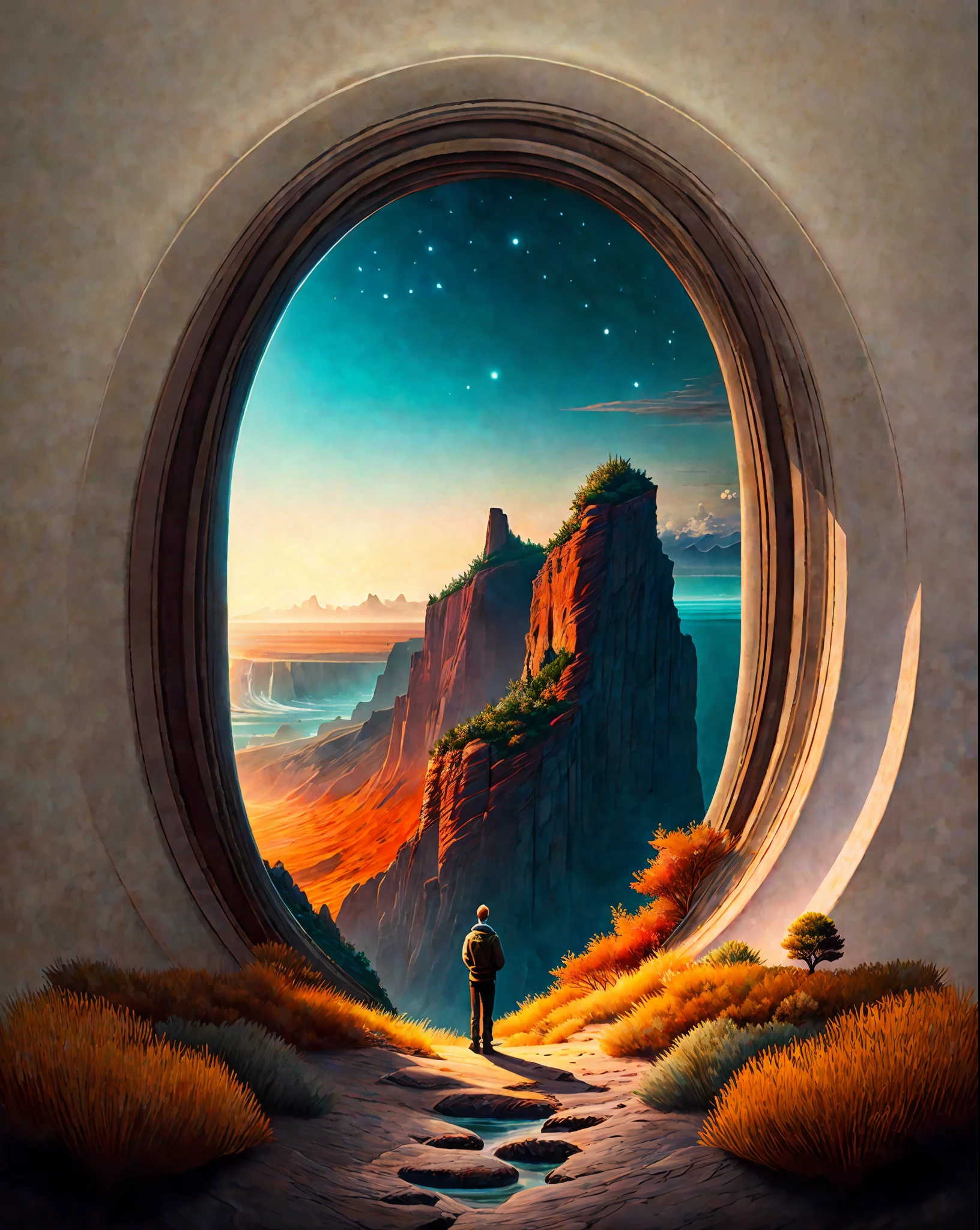 Craft a mesmerizing scene that deeply connects with the viewer, evoking a range of emotions and leaving an indelible impact without relying on words. Use a vibrant and contrasting color palette to intensify the visual impact. Depict a solitary figure standing at the edge of a breathtaking cliff, overlooking a vast and awe-inspiring landscape. Let the figure's posture and facial expression convey a mixture of awe, contemplation, and a hint of melancholy. Surround the scene with elements of nature, such as swirling clouds, distant mountains, or a cascading waterfall, to enhance the immersive experience. Infuse the atmosphere with a touch of magic or mystery, perhaps through subtle glowing orbs or ethereal light. Allow the composition and details of the scene to captivate the viewer and invite them on an emotional journey that lingers in their thoughts long after they've seen the artwork., intricate, masterpiece, expert, insanely detailed, 4k, composition, centered, intricate, volumetric lighting, beautiful, sharp focus, ultra detailed