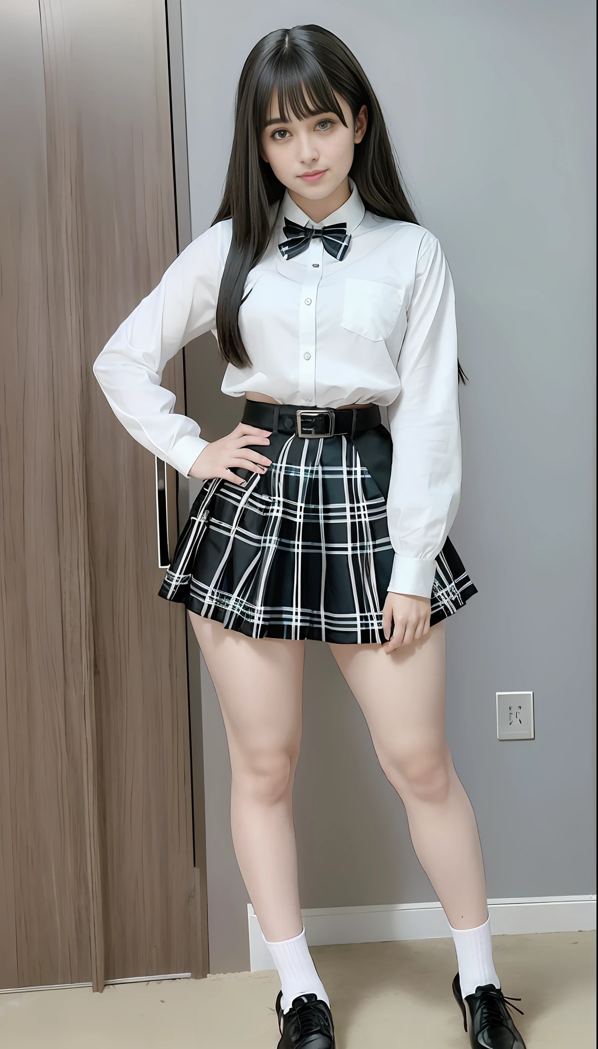 a Lauren jauregui in a short skirt and red high heels, age female schoolwoman, school girl, hot petite teenl, panoramic view of girl, realistic schoolgirl, short skirt, detailed plaid miniskirt, wearing school uniform, school uniform, cute schoolgirl, dressed as schoolgirl, wearing headmistress uniform, plaid skirt, of a schoolgirl posing