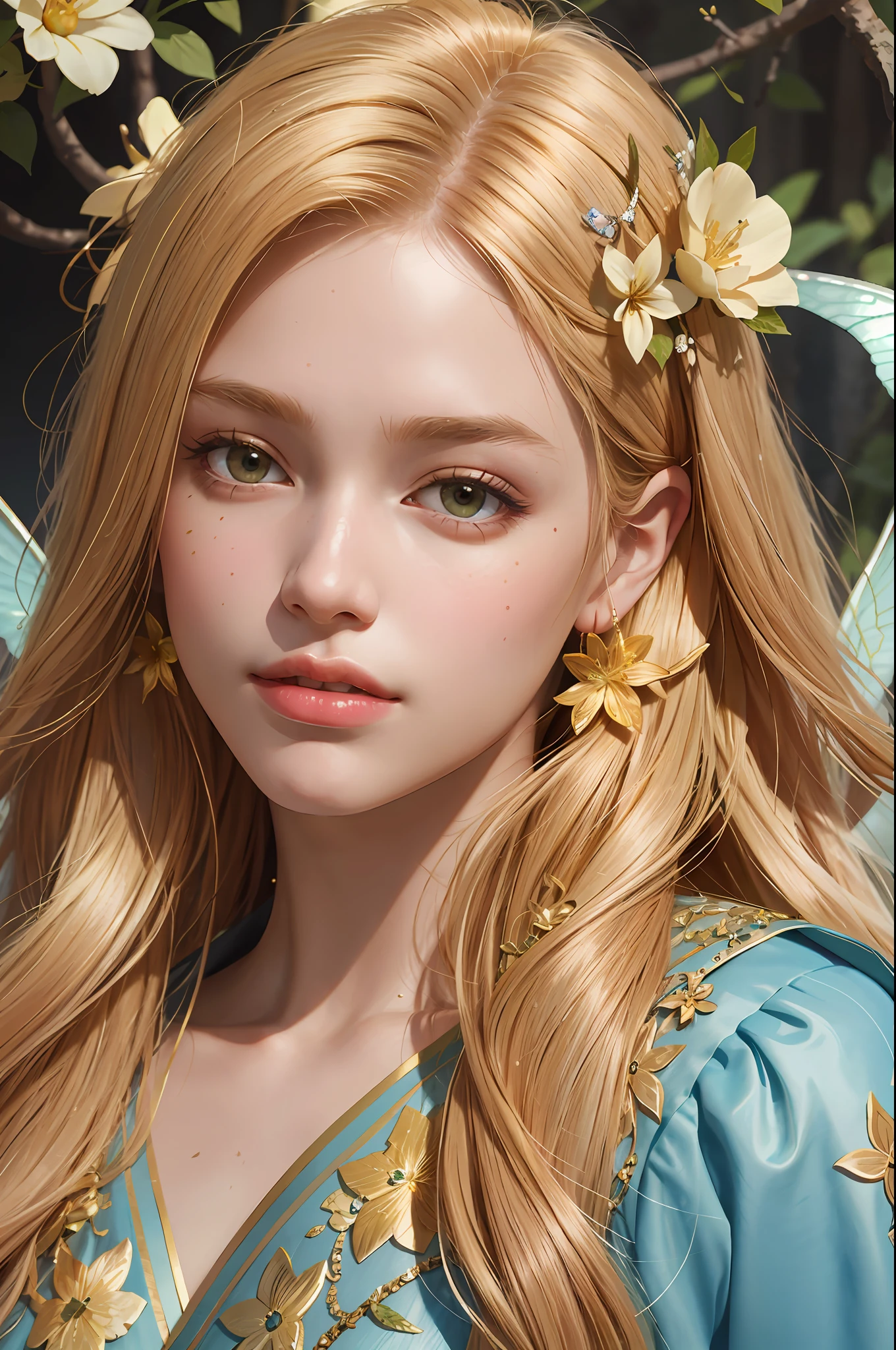 A woman with golden hair and flowers in her hair, beautiful fantastic art portrait, realistic portrait of a fairy, beautiful fantastic portrait
