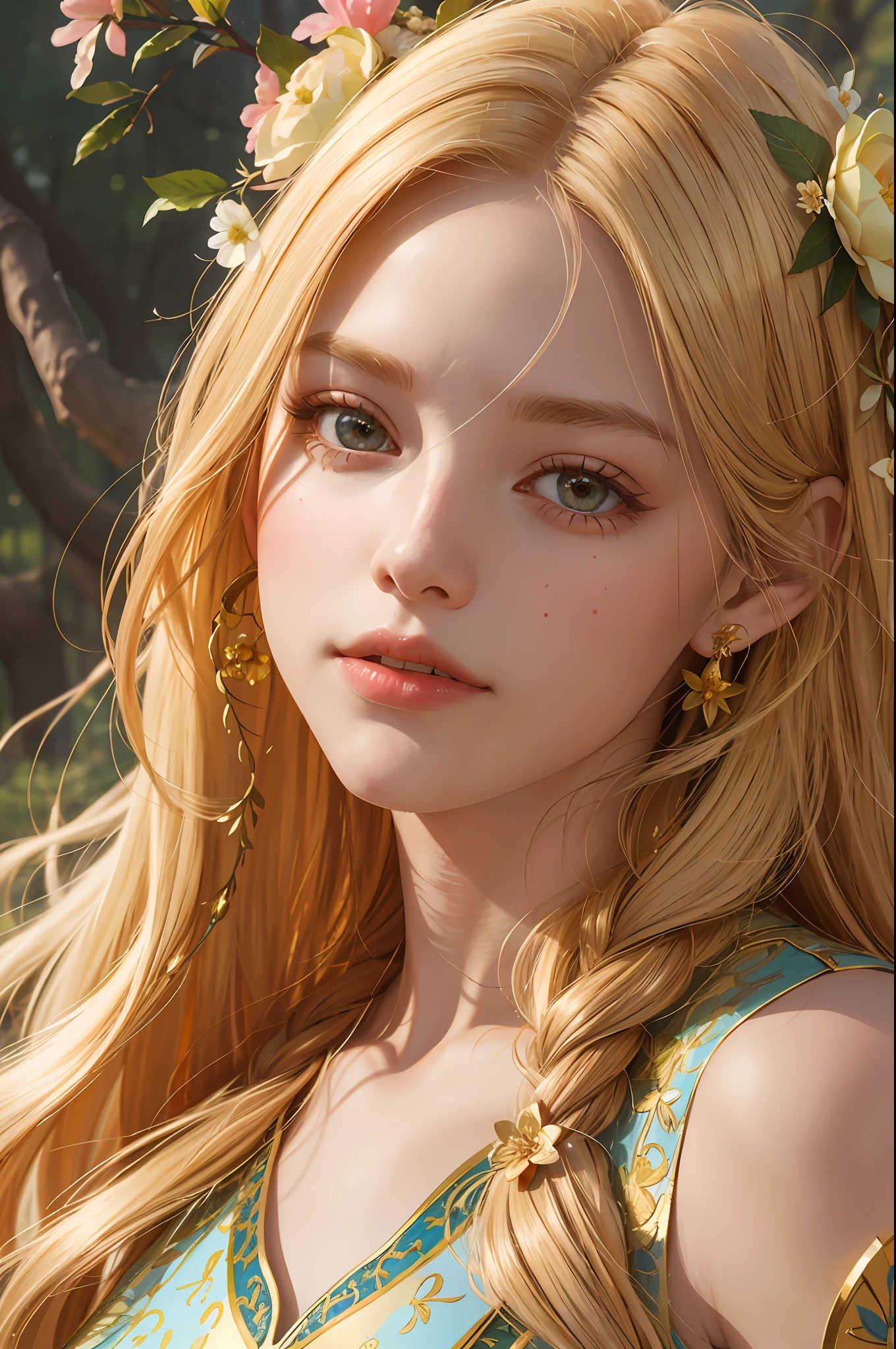 A woman with golden hair and flowers in her hair, beautiful fantastic art portrait, realistic portrait of a fairy, beautiful fantastic portrait