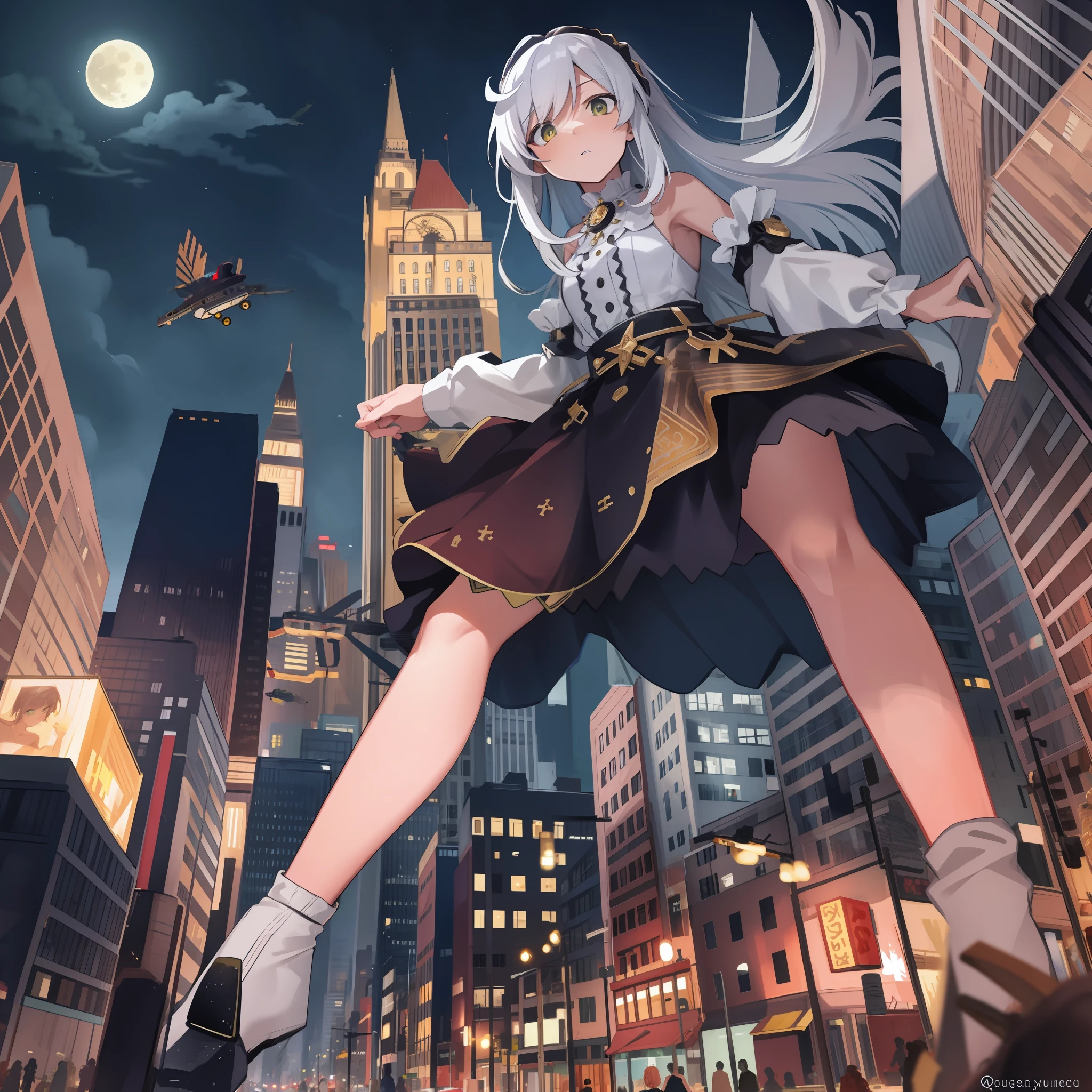 looking up , ,(masterpiece:1.1),[Enchanting, Ruined City, Night, On Top of a Crumbled Skyscraper, High Angle, Leaping with Grace, Slender, Monster, Dark Red Skin, Small Breasts, Yellow-Green Eyes, Long White Hair, Tattered Dress, Sultry Stare, Illuminated by the Moon.], , , ,[cga colored lighting, raytracing, HDR], extreme size difference, crowded street, car, helicopter, plane, tiny people, gtsgiga, rampage, debris