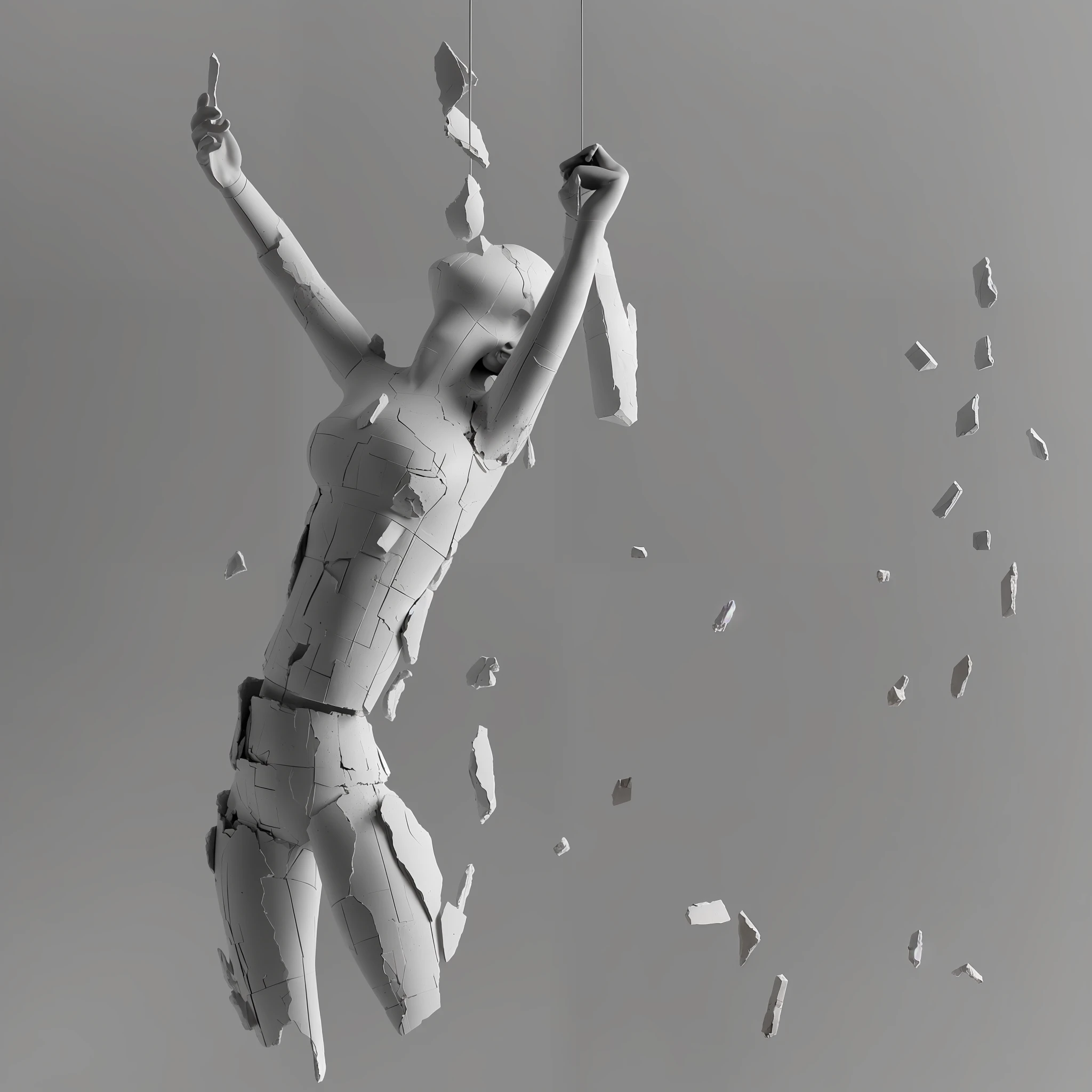 Nude plaster model (full body: 1.4), suspended in the air, (hit by two bullets at the same time), (one shot in the left neck, one shot in the upper waist). Shards of plaster are flying in the air due to explosion, grayscale image