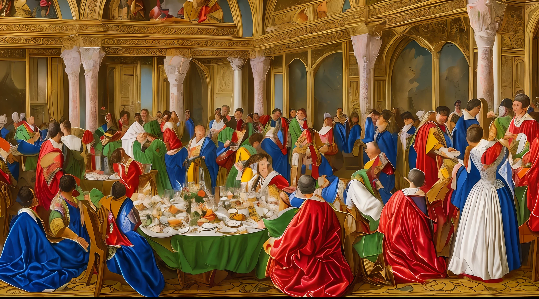 Banquet in a castle, people dancing, eating and drinking wine, wearing highly detailed 8K antique robes --auto --s2
