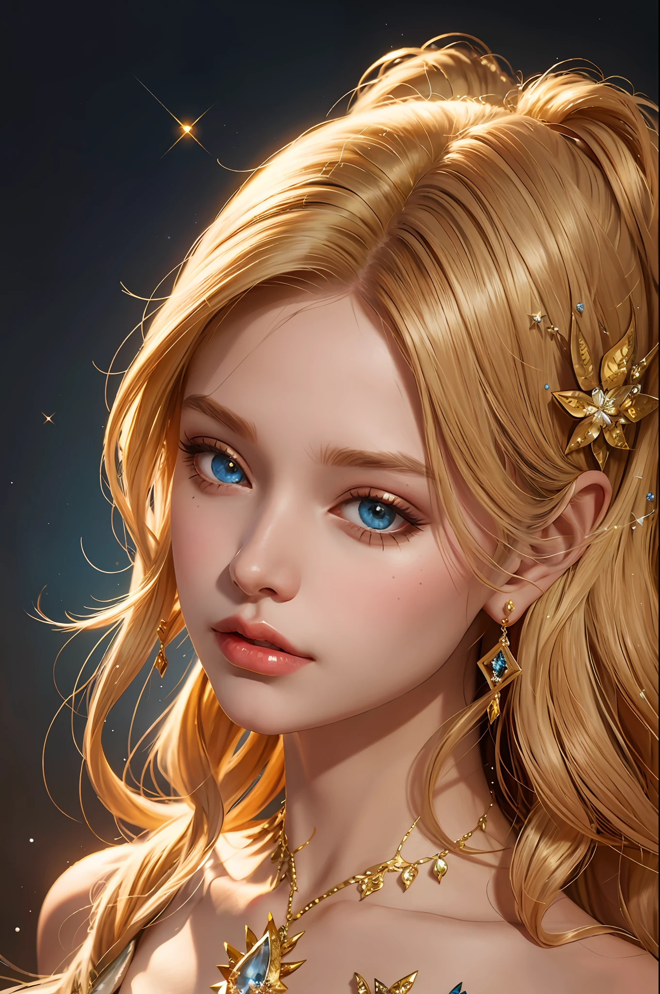 A woman with golden hair and diamonds in her hair, beautiful fantasy art portrait, realistic portrait of a fairy, beautiful fantasy portrait