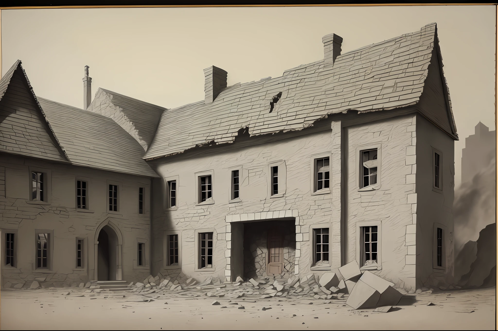 Stone house very destroyed, view front, Mezzotint print