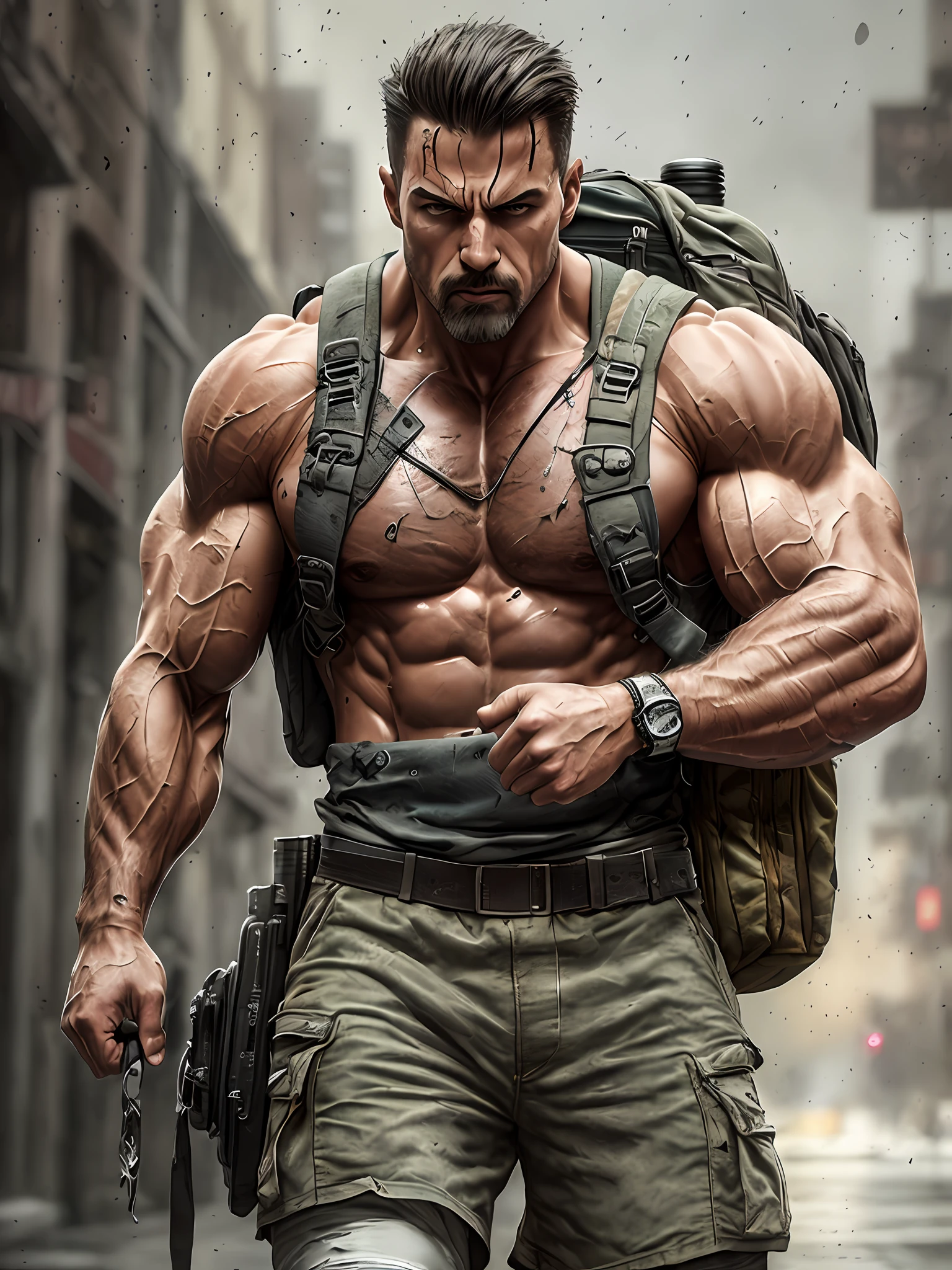 strong muscular man, street angry, backpack, epic realistic, photo, faded, complex stuff around, intricate background, soaking wet, neutral colors, ((((hdr)))), ((((muted colors)))), intricate scene, artstation, intricate details, vignette