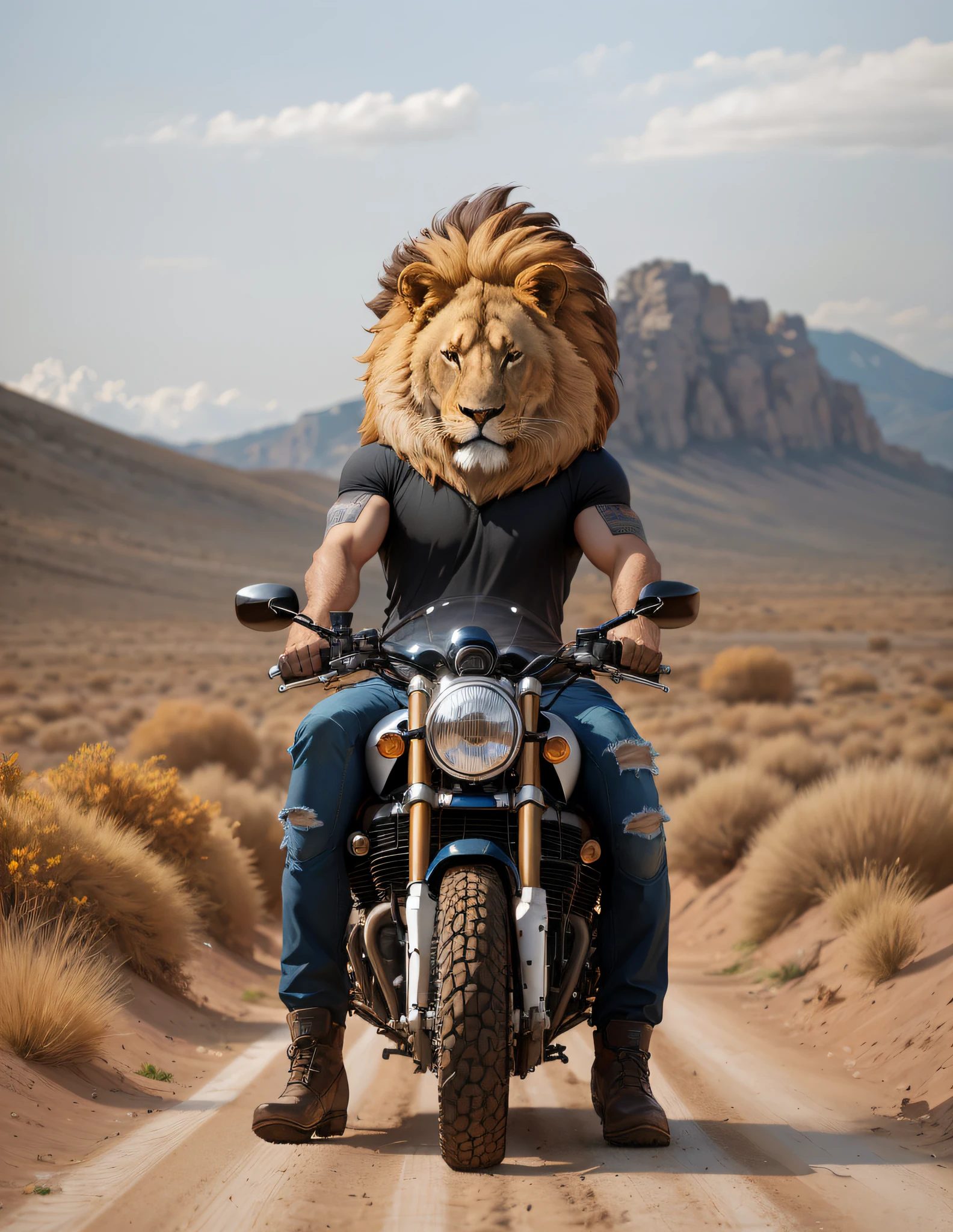 lion riding a motorcycle on a dirt road in the middle of the day, scrambler, photo of a male biker with a lion's head, lion looking at the viewer, riding a motorcycle, (in a black t-shirt), ((bare hands)), inflated arms, biker, rough and dirty, Craig Mullins style, motorcyclist, caramel, Road riding, cool look, riding while sitting on a motorcycle, durable, motorcycles, style by Greg Rutkowski, motorcycle