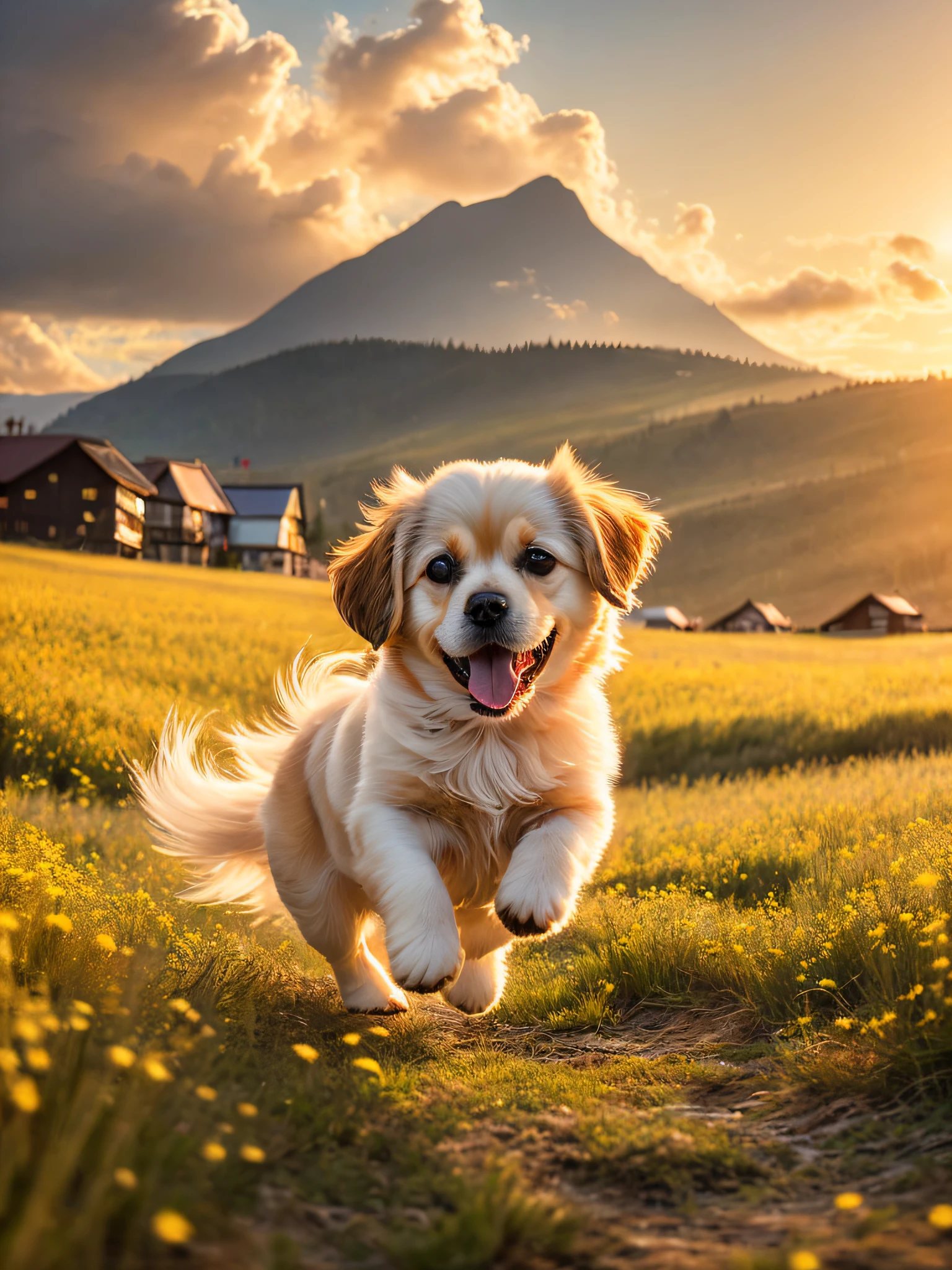 Photo of a very cute jumping puppy on a golden meadow, with rolling peaks, wooden houses rising from cooking smoke, sky at sunset, white clouds, soft volumetric light, (backlight: 1.3), (movie: 1.2), intricate details, (ArtStation: 1.3), Rutkowski