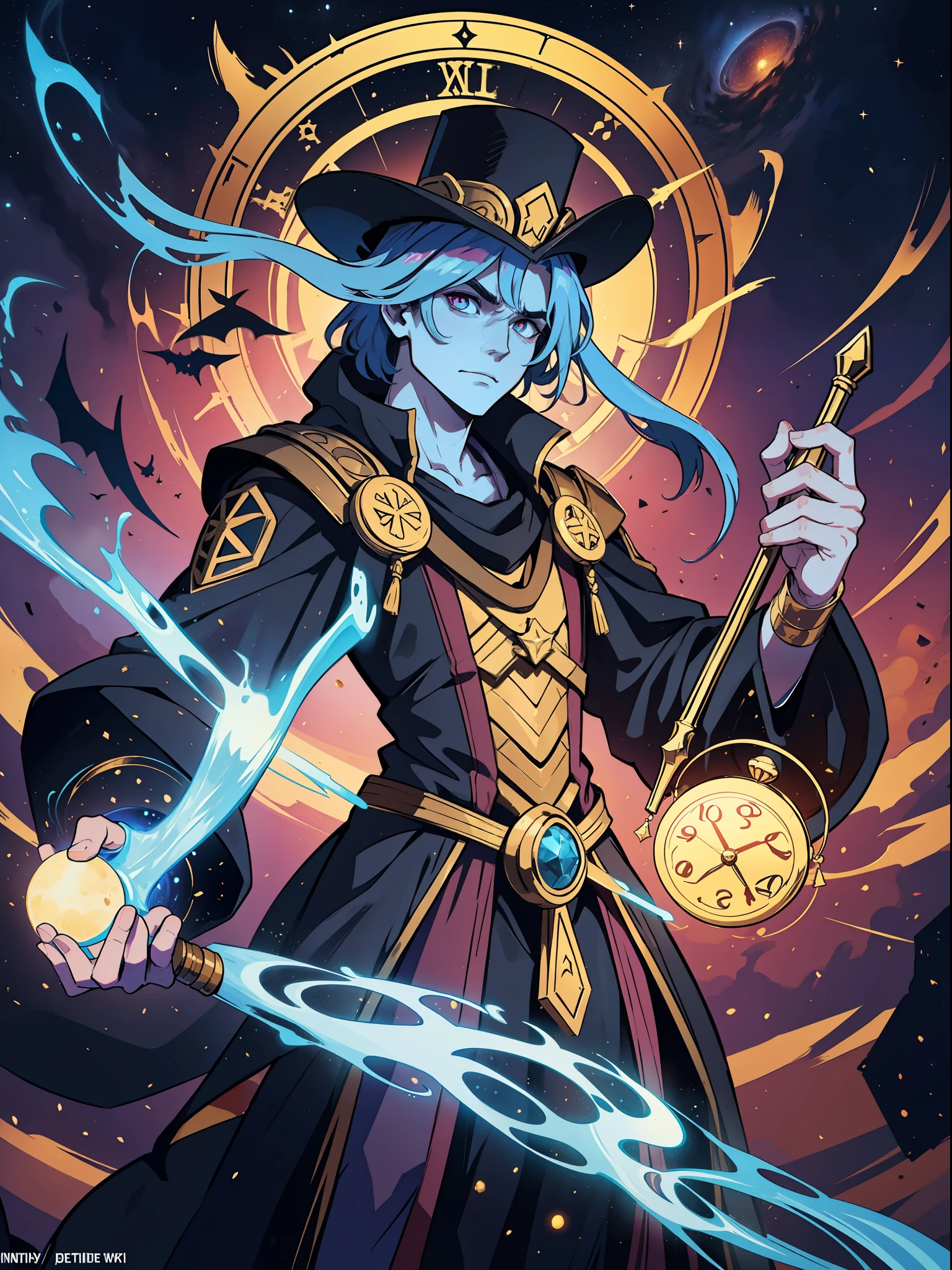 the God Xelor is the master of time, a mummy with a sorcerer's hat and a strong, gigantic body in the middle of the universe. He is responsible for the Divine Clock, which sets the rhythm of the world's time. His face remains covered, hidden under a large pointed hat, and his hammer is stamped with the seal of infinity. He looks menacing, which is a good thing, because otherwise the demons of the hours, - who love to kill time for being evil - could start behaving very badly! Like his disciples, he wears rags