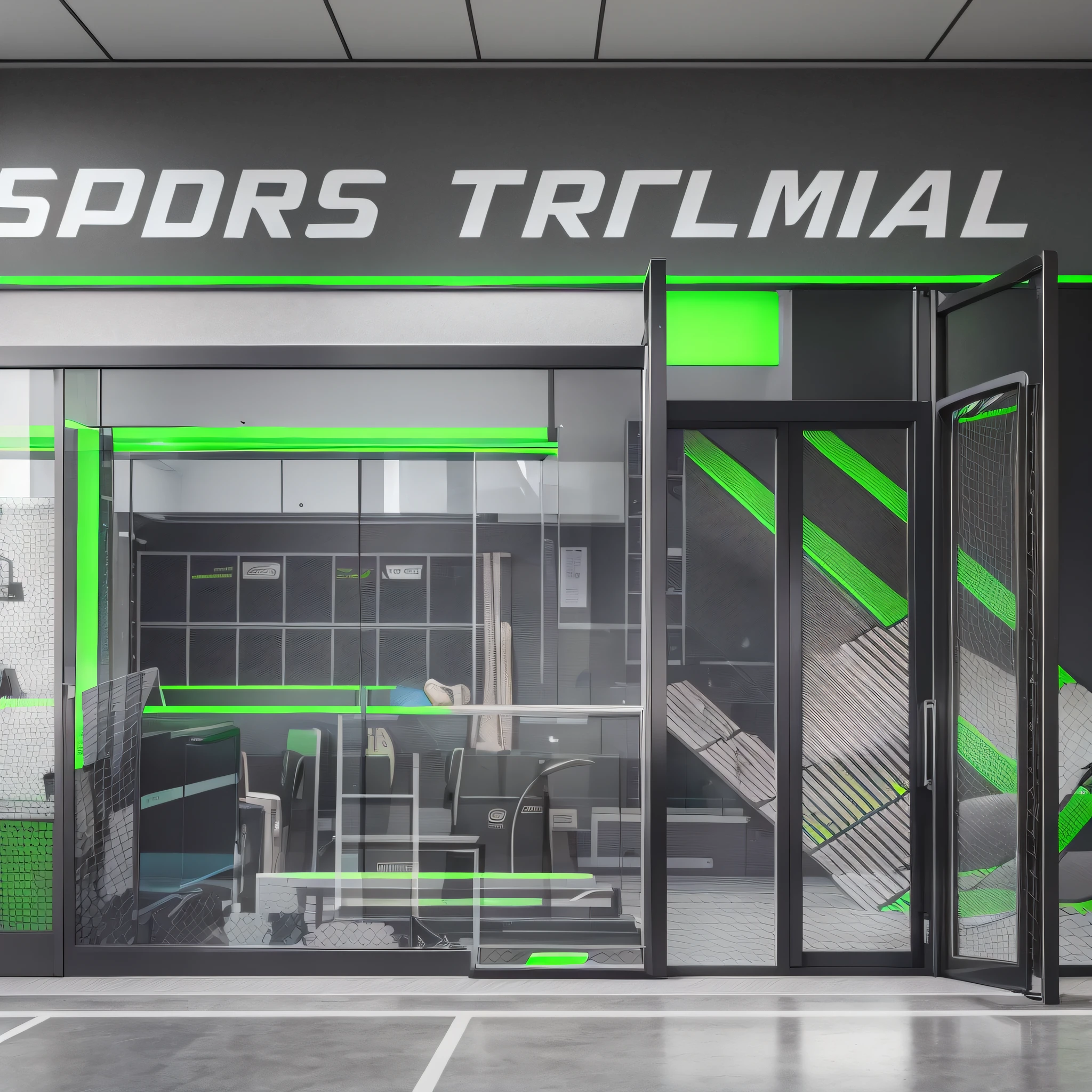 Sports treadmill store façade with large display case in shades of black, gray and fluorecent green, 8K, realistic, --auto --s2