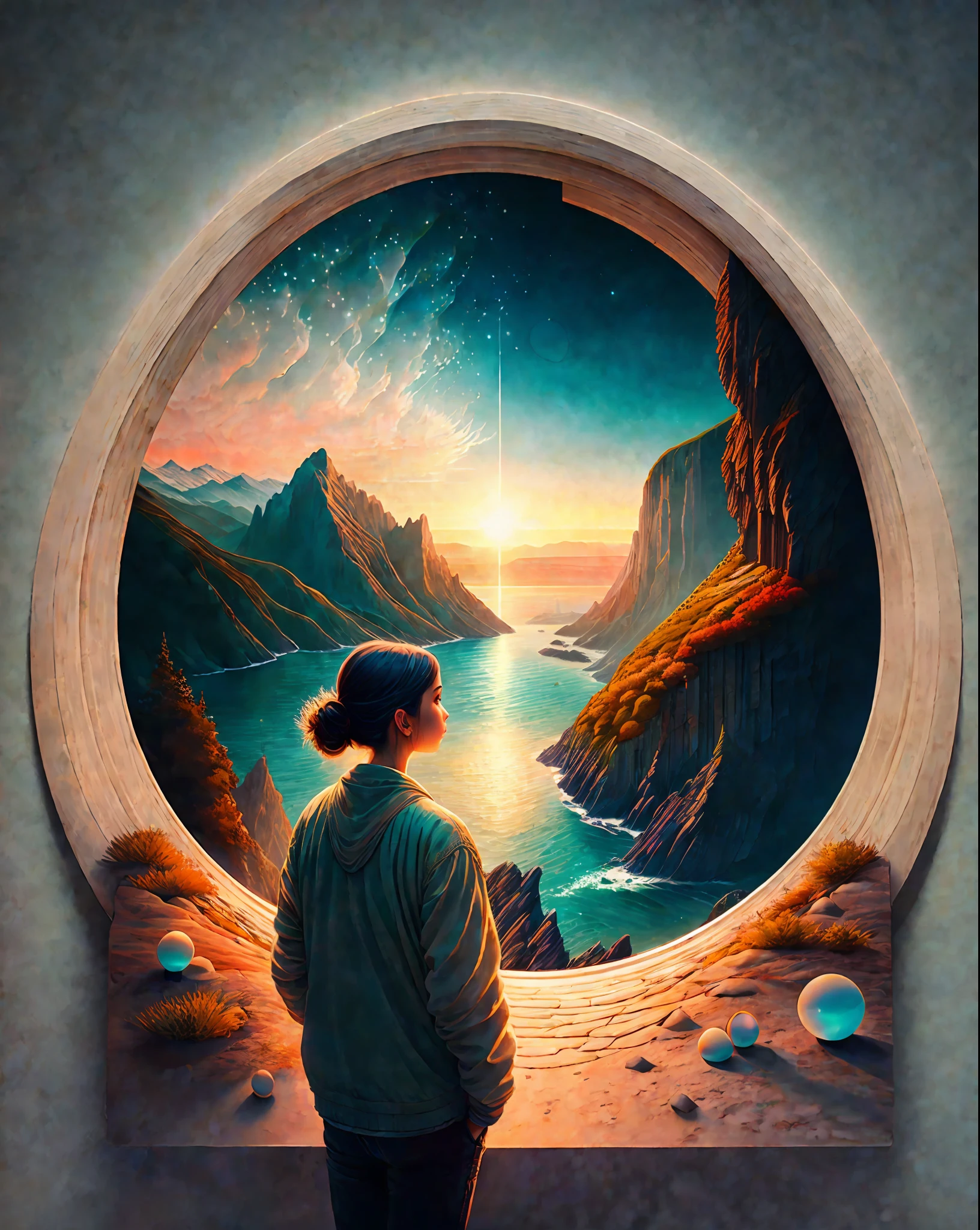 Craft a mesmerizing scene that deeply connects with the viewer, evoking a range of emotions and leaving an indelible impact without relying on words. Use a vibrant and contrasting color palette to intensify the visual impact. Depict a solitary figure standing at the edge of a breathtaking cliff, overlooking a vast and awe-inspiring landscape. Let the figure's posture and facial expression convey a mixture of awe, contemplation, and a hint of melancholy. Surround the scene with elements of nature, such as swirling clouds, distant mountains, or a cascading waterfall, to enhance the immersive experience. Infuse the atmosphere with a touch of magic or mystery, perhaps through subtle glowing orbs or ethereal light. Allow the composition and details of the scene to captivate the viewer and invite them on an emotional journey that lingers in their thoughts long after they've seen the artwork., intricate, masterpiece, expert, insanely detailed, 4k, composition, centered, intricate, volumetric lighting, beautiful, sharp focus, ultra detailed