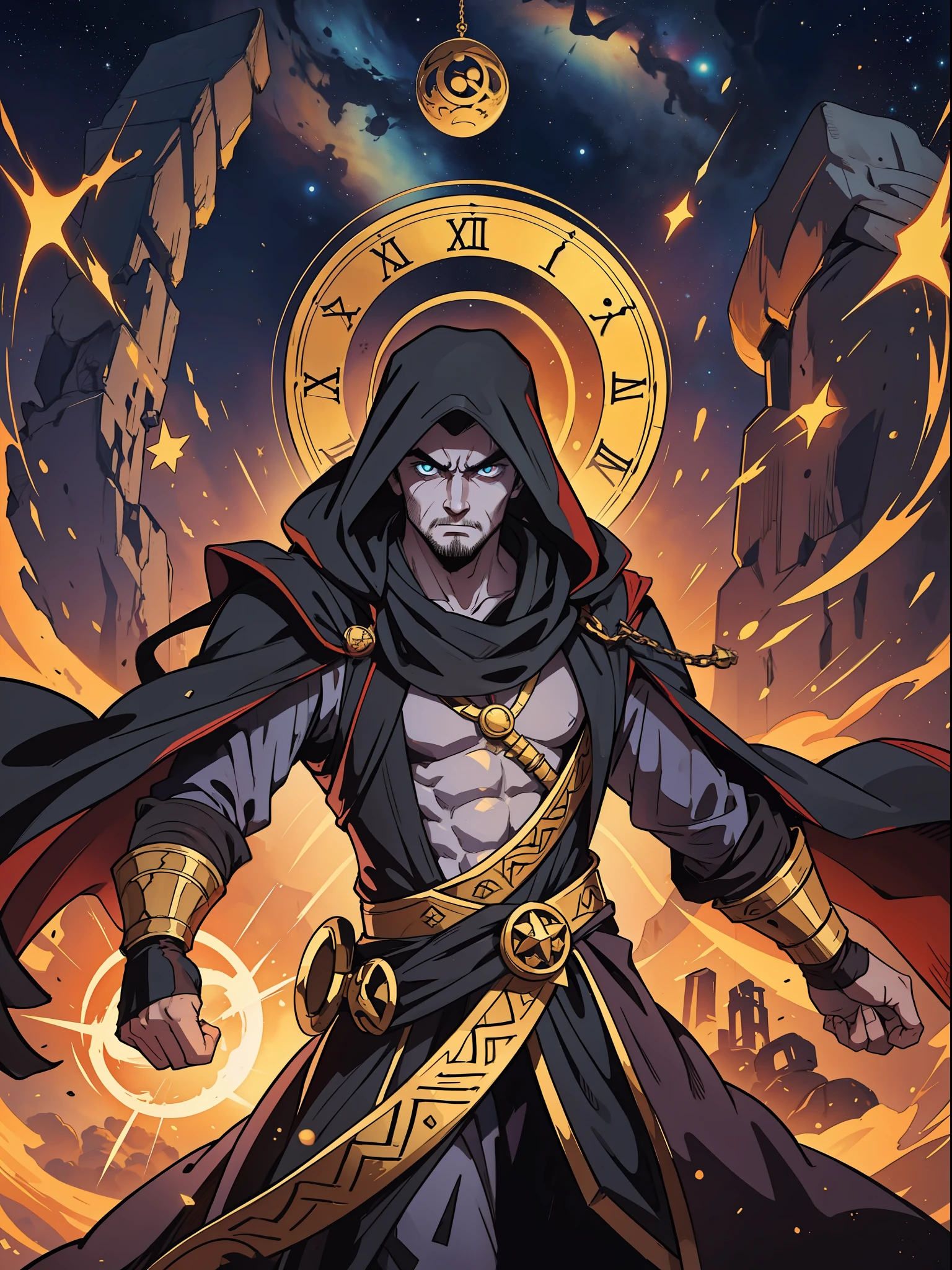 the God Xelor is the master of time, a mummy with a sorcerer's hat and a strong, gigantic body in the middle of the universe. He is responsible for the Divine Clock, which sets the rhythm of the world's time. His face remains covered, hidden under a large pointed hat, and his hammer is stamped with the seal of infinity. He looks menacing, which is a good thing, because otherwise the demons of the hours, - who love to kill time for being evil - could start behaving very badly! Like his disciples, he wears rags