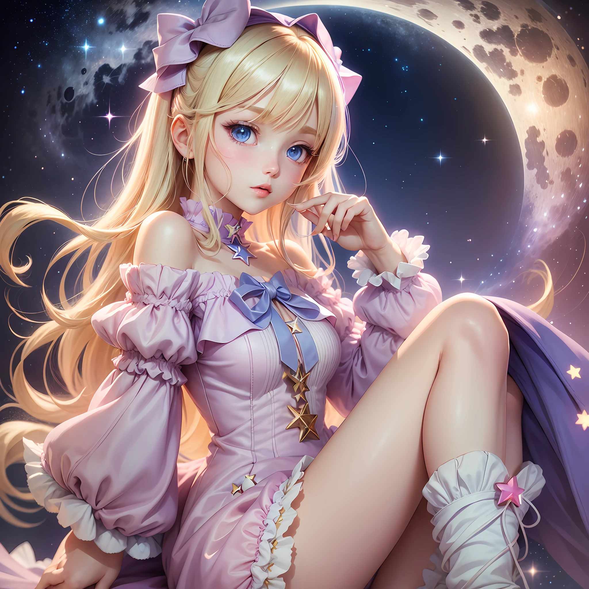 Light blonde haired 3d anime girl with pale blue violet eyes wearing pink off shoulder puffy sleeve short dress with knee length white boots holding stars in her hands under starry sky pink moon --auto --s2