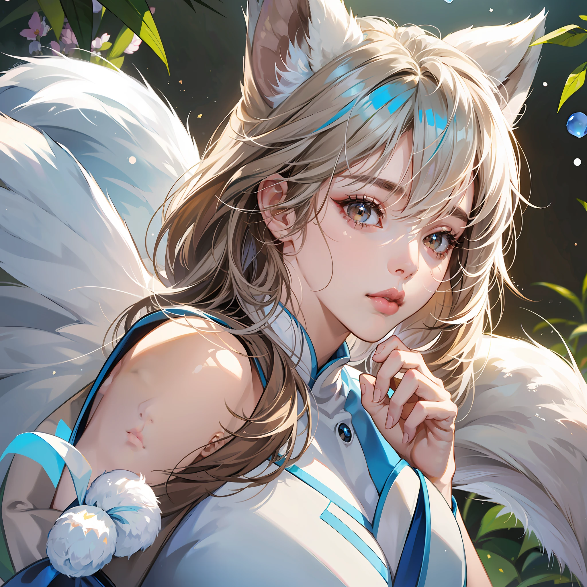 1 girl, electric squirrel girl, white and blue squirrel, , fluffy blue ears, fluffy white squirrel tail, mature girl, ((brown eyes eyes)), ((full lips)), (high detailed), beautiful, amazing, high detailed eyes, high detailed face, perfect hands, masterpiece, best quality, looking at viewer, detailed eyes, Pachirisu --auto --s2