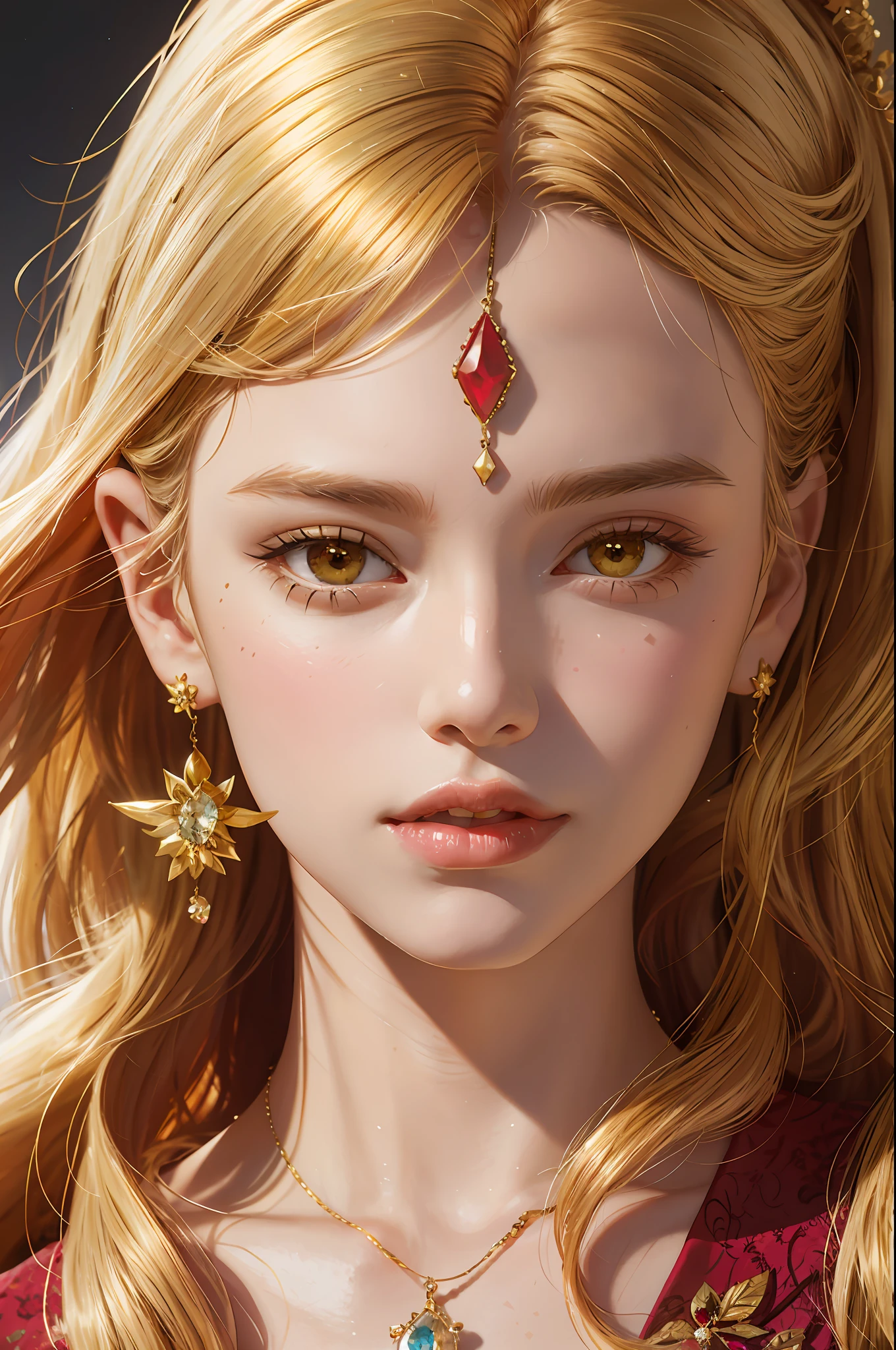 A woman with gold hair and diamonds and Ruby in her hair, beautiful fantastic art portrait, realistic portrait of a fairy, beautiful fantastic portrait