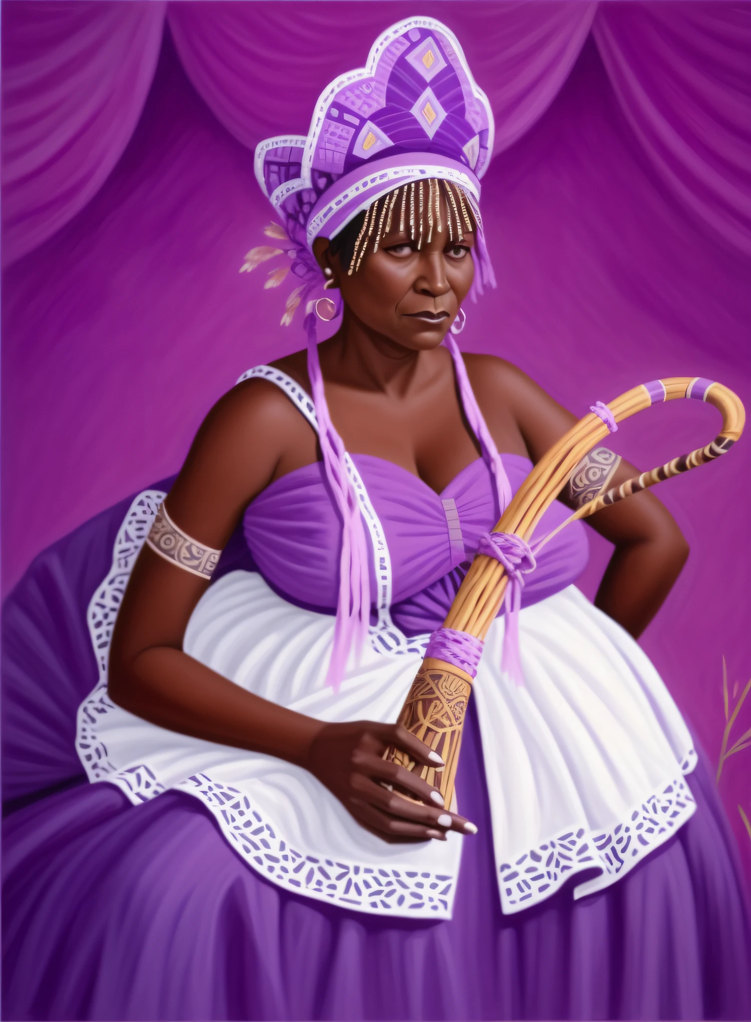 Painting of an old black woman in a purple dress sitting in a savannah, a swamp, night, black african princess, dark skin, african princess, african queen, african woman, stunning african queen, holding a straw ibiri, beautiful representation, realistic photo, orisha, afrocentric mysticism, african mythology