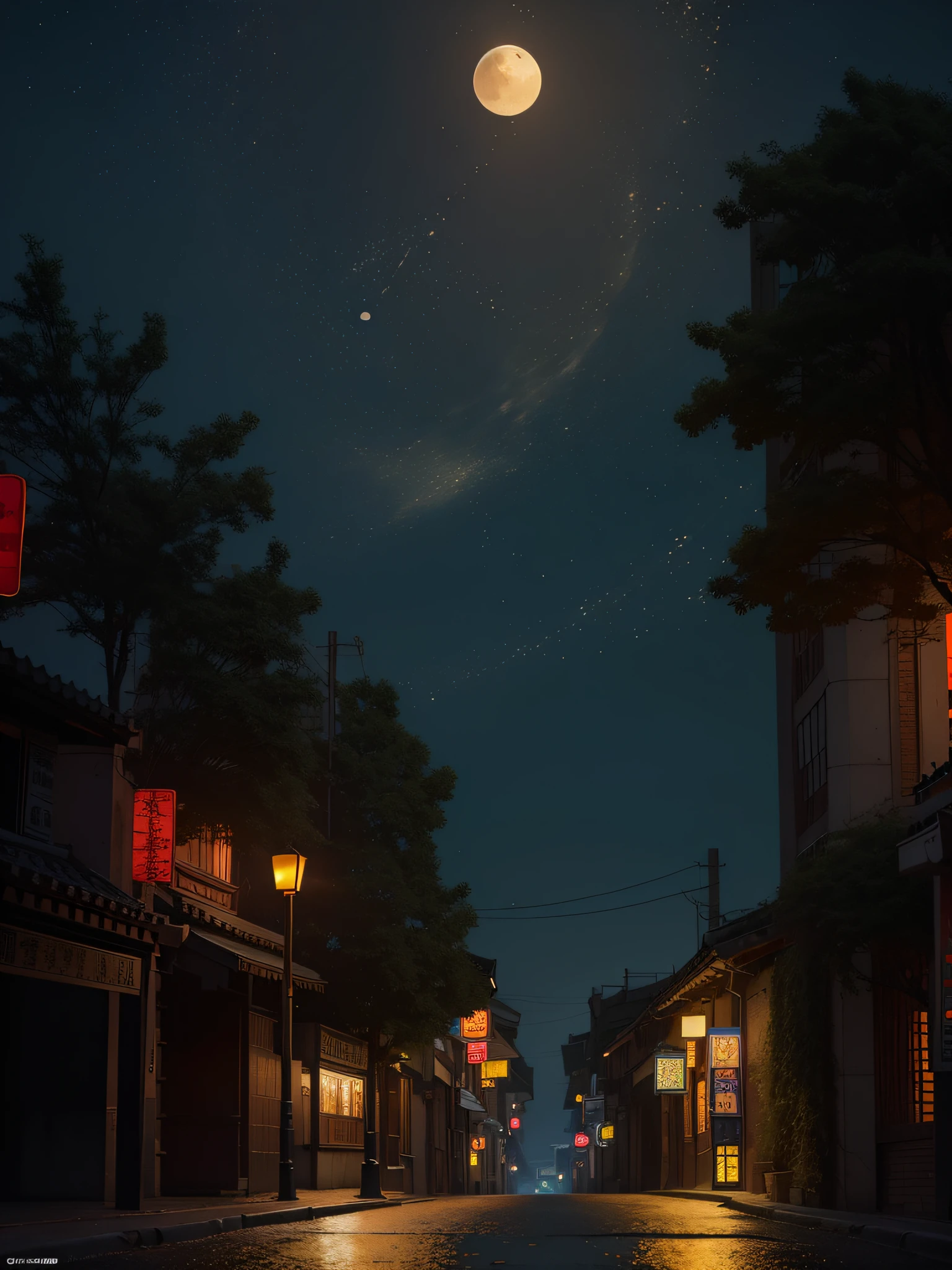 Official Art, China, Street, (lots of fireflies), (night), (moon), lights, beautiful landscapes, epic landscapes, realistic lighting, masterpieces, high quality, beautiful graphics, high detail, global illumination, Unreal Engine rendering, Octane rendering, (HDR:1.3)