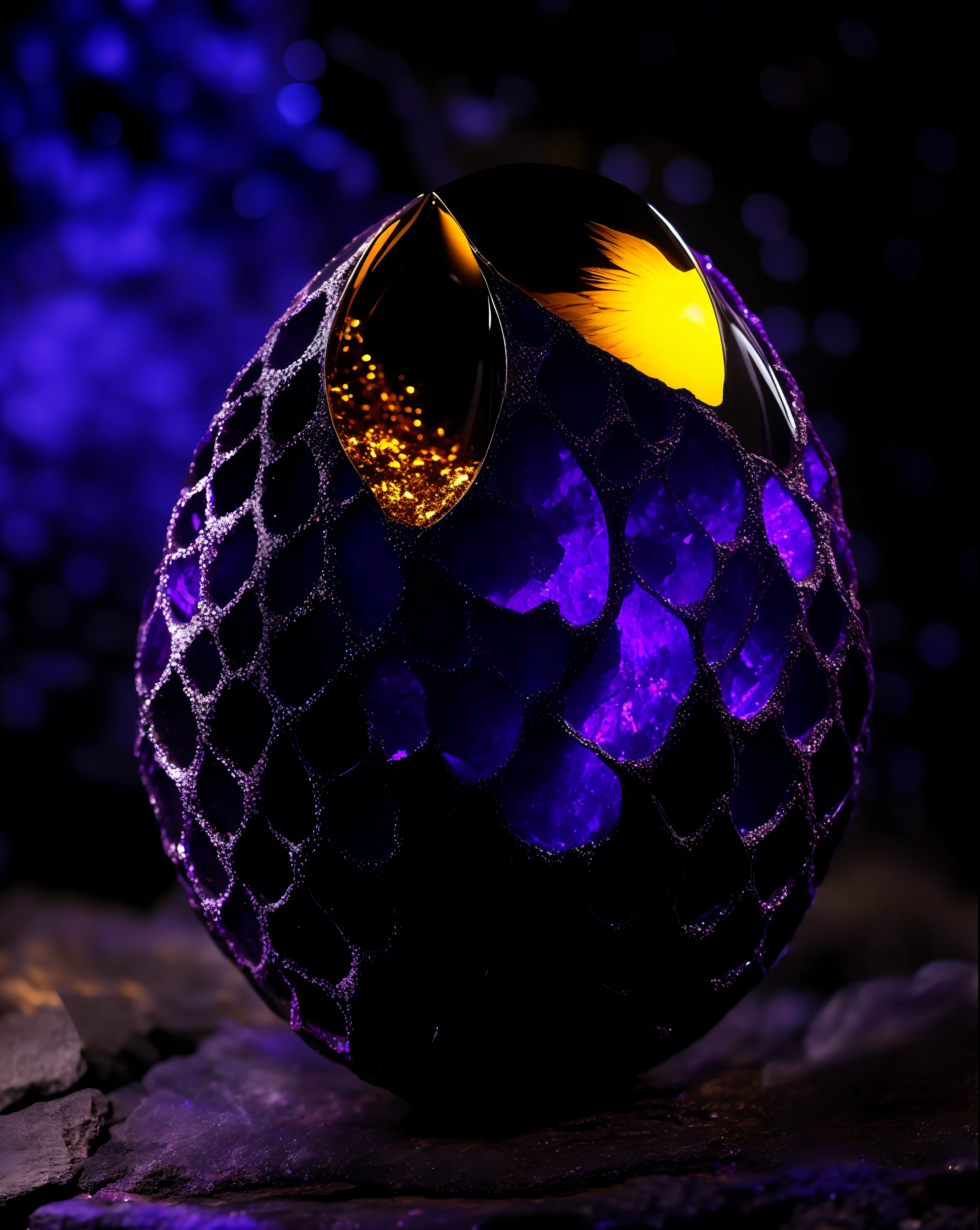 crystalline rock forms dragon egg with silver and gold metal dragon scale half-shell, by mjart, placed on black lava rock, background dark cave with purple ambient light,