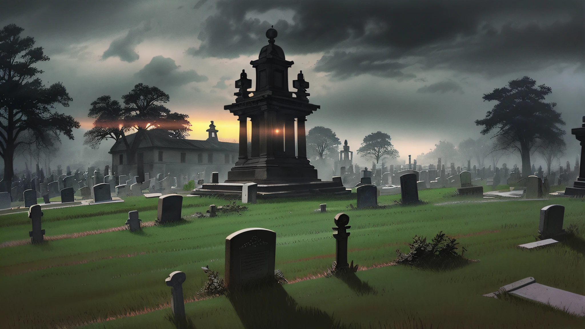 a gloomy cemetery with fog by craig mullins, consumed by time and neglect, the atmosphere is heavy with a sense of sorrow and impending doom, concept art, artstation, trending on instagram, 8 k, ultra detailed, award winning, , beams of light, night, (intricate details), (hyperdetailed), 8k hdr