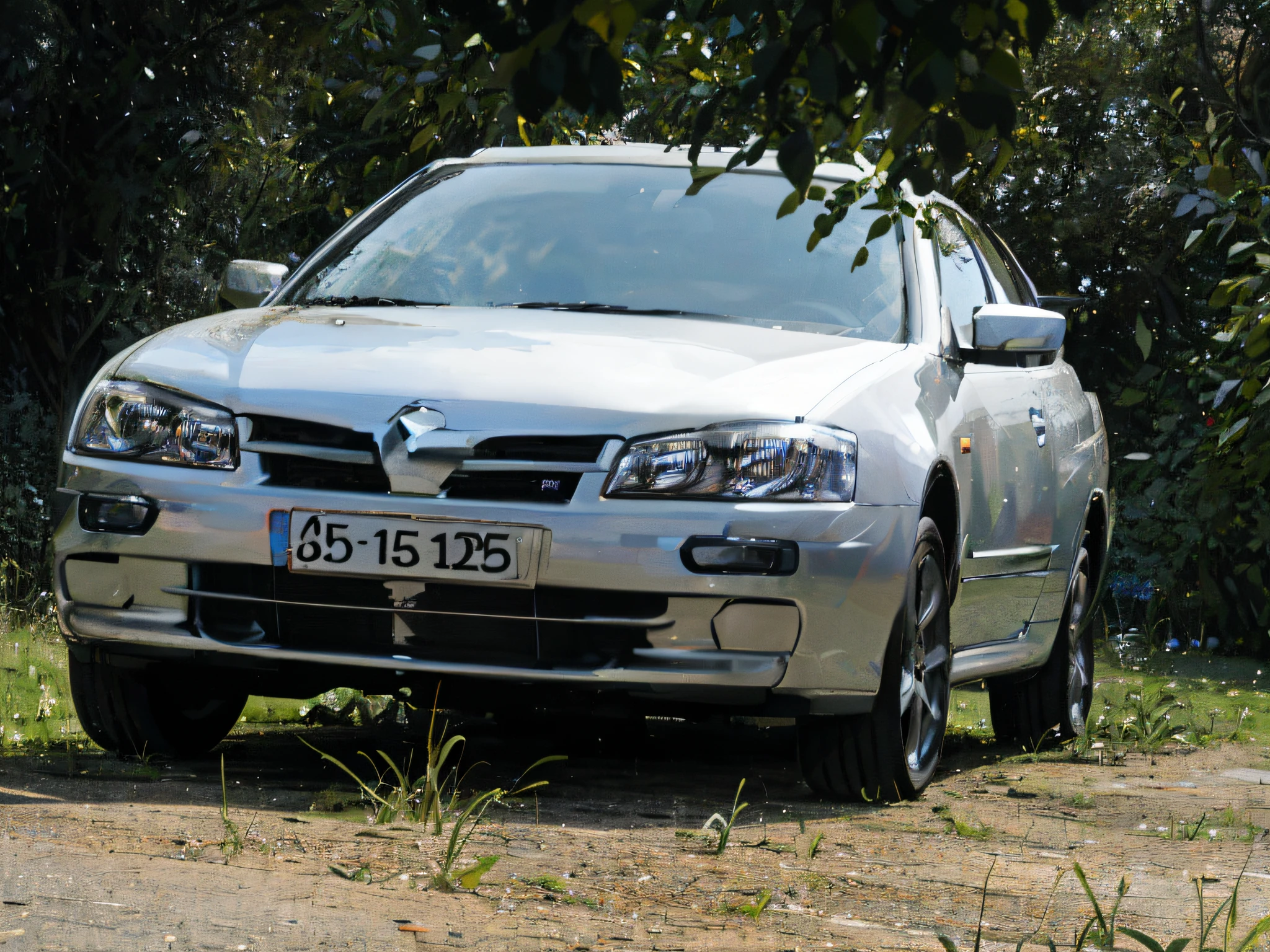 there is a silver car parked in the grass near a tree, full car, 2263539546], in spain, front side full, renault ultimo, front side, vanara, front profile, frontal picture, 1285445247], front face, front profile shot, 2 0 0 0