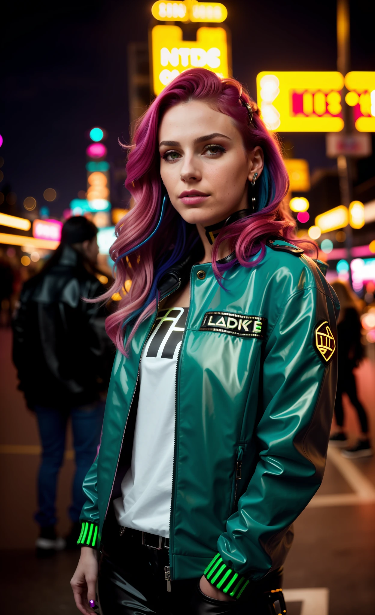 close-up portrait of a beautiful young woman, (cyberpunk clothes) (ErinNobodySD15), Large breasts, pressed lips (seriously: 1.2) appearance (bright side light rim light: 1.2) deep dark shadows dramatic camera angle high-contrast color gradation (masterpiece: 1.2) (photorealistic: 1.2) (bokeh:1.2) (best quality) (detailed skin:1.3) (complex details) (8k) (HDR) (cinematic lighting) (sharp focus), large multicolored hair loose and wavy, neon lights in the background, pink latex clothing,