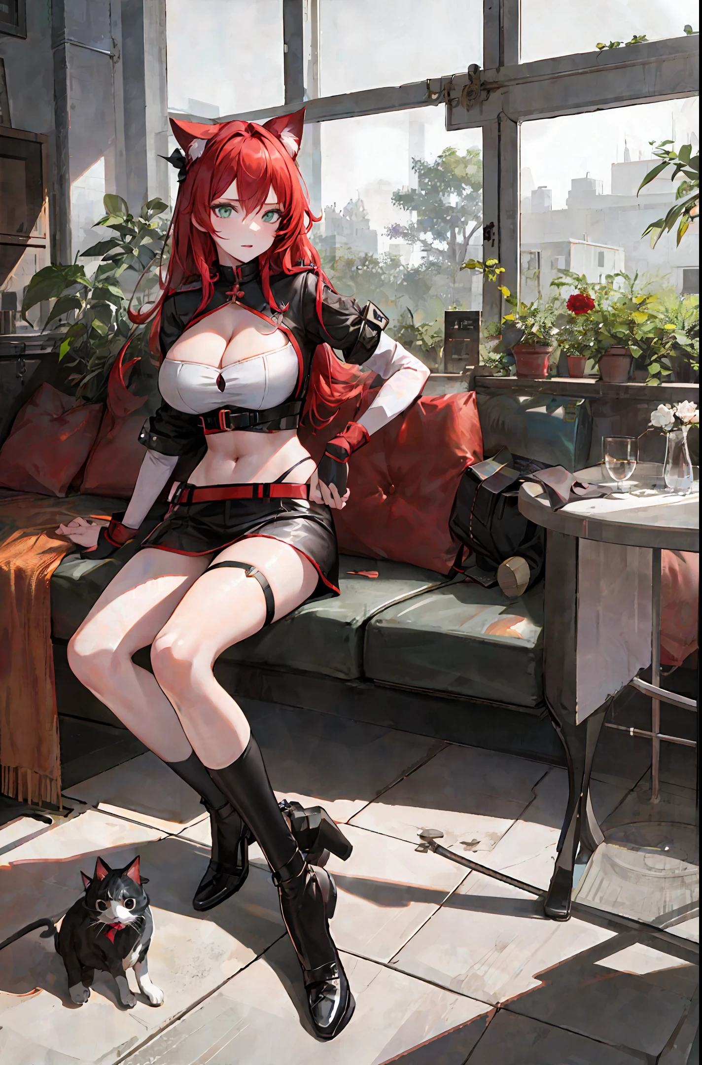 "Woman in cat outfit,Hyper-realistic,Super cleavage,huge breasts,sensual look,looking at the viewer,erotic clothing,open legs,big hips,red hair,green eyes,sitting on the edge of the bed,seducing"