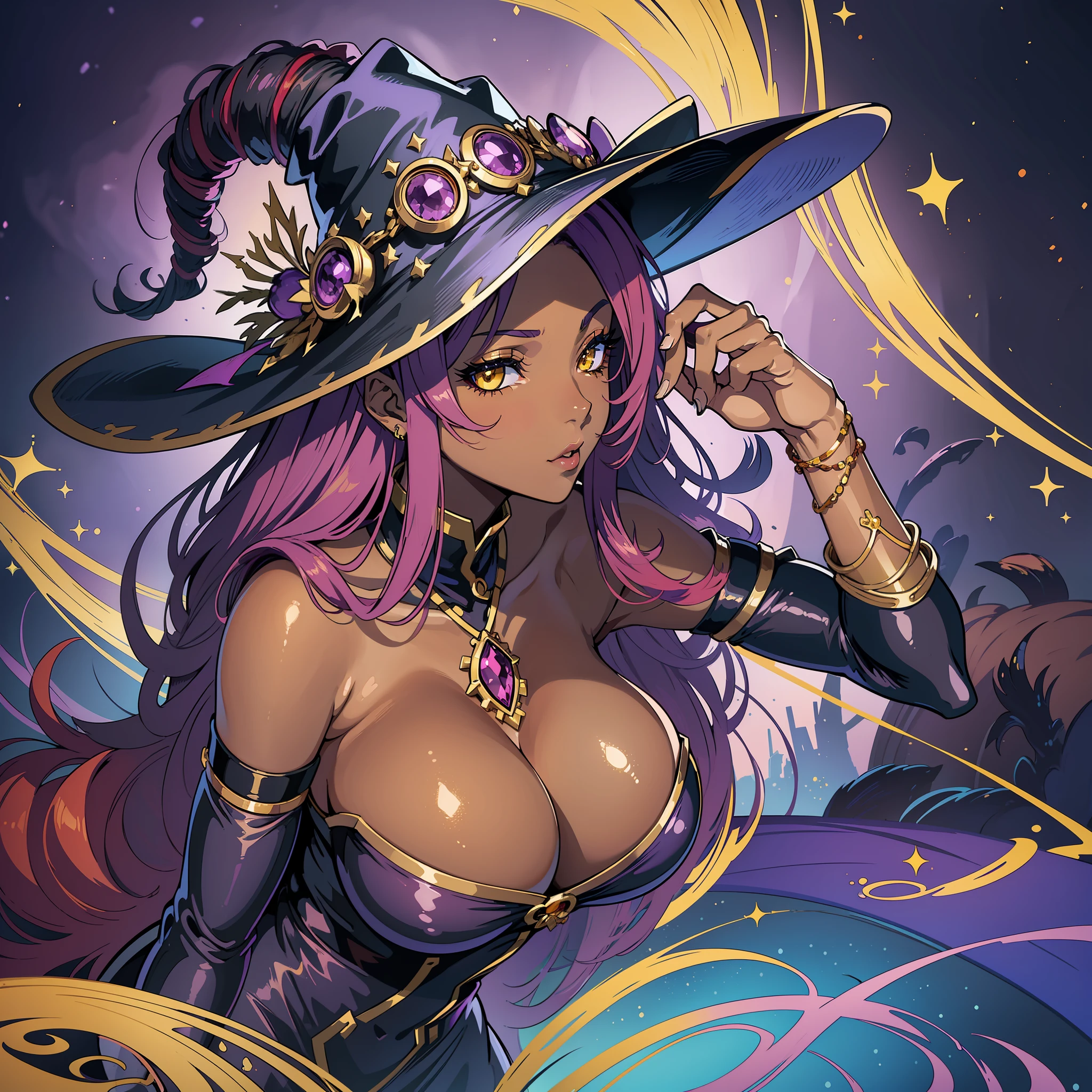(masterpiece) superior quality, ultra-real details; Sexy witch, dark skinned, (big breasts:1.3), (big ass: 1.3), deep and seductive yellow eyes, long purplish red hair, bright purple short clothes, exquisite gold accessories, a dazzling portrait of a powerful and seductive sorceress.